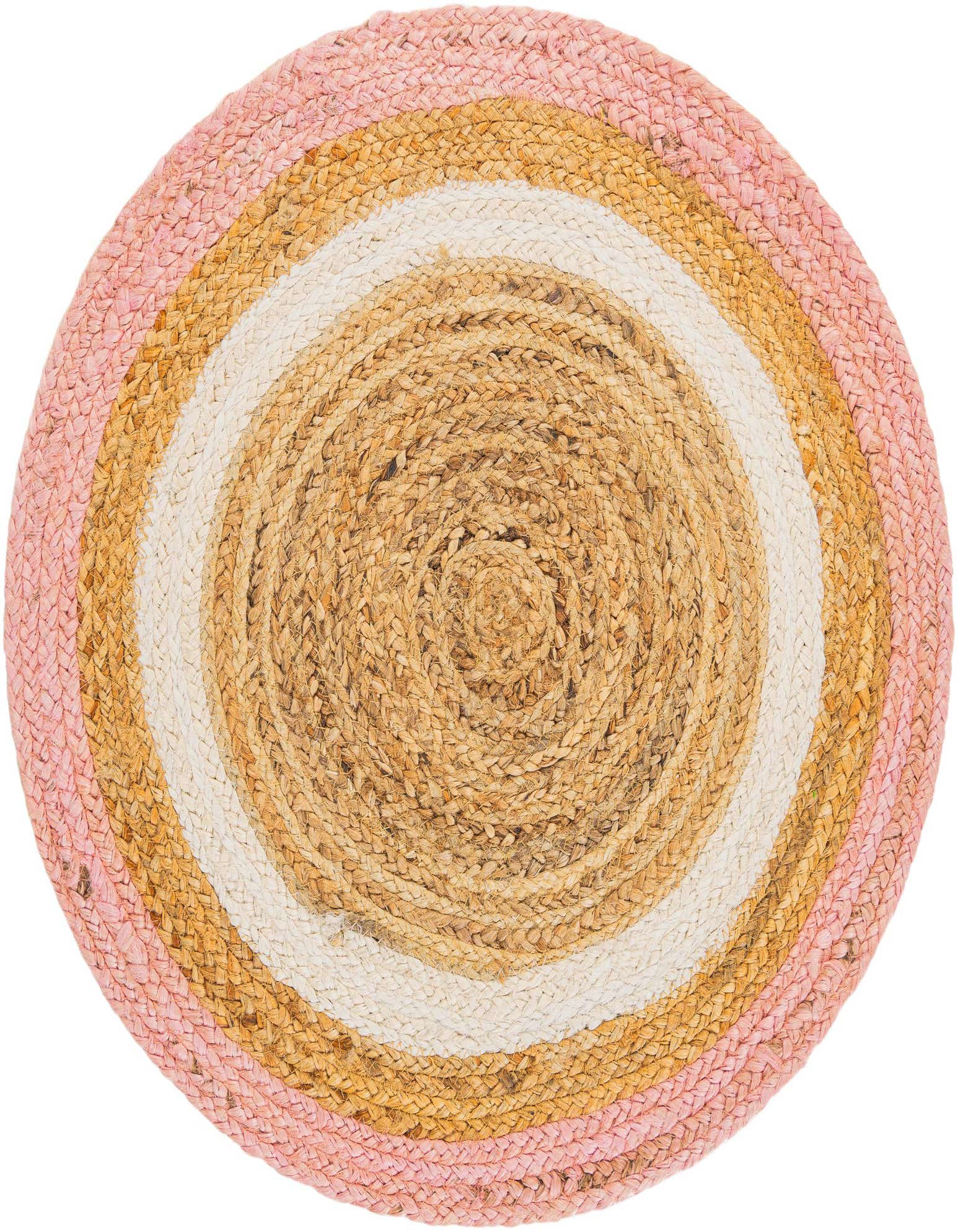 A round braided jute rug with concentric circles of natural brown, ivory, tan, and pink, showcasing its texture.