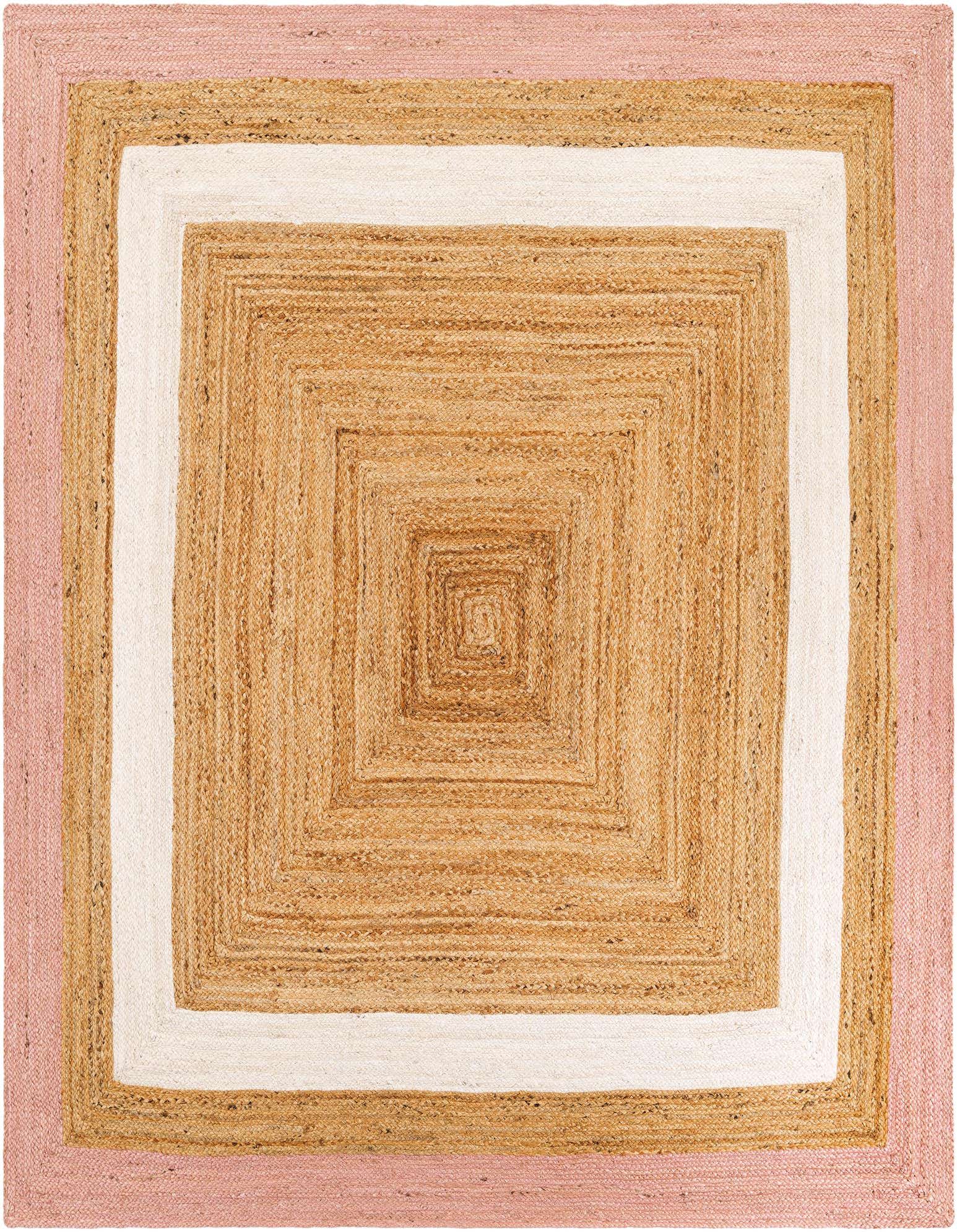 A square 7' 10 x 7' 10 natural jute rug with concentric squares in tan, cream, and a pink border.