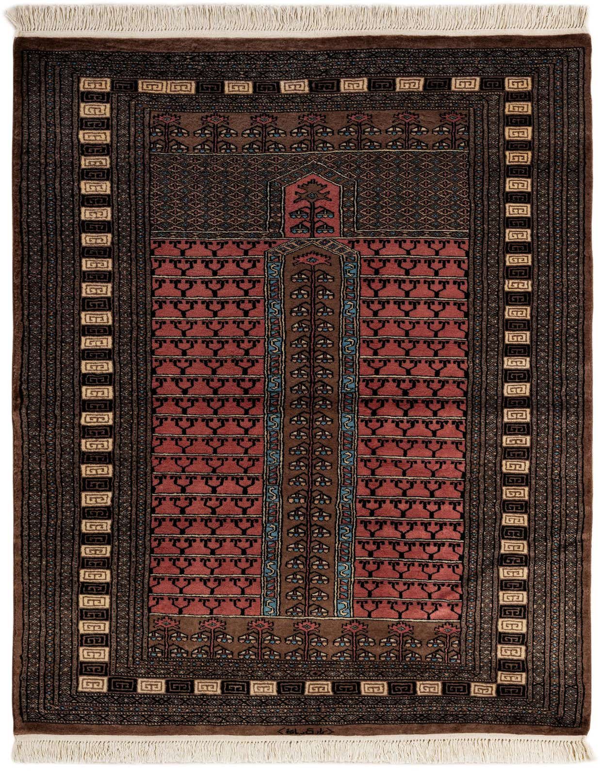 A 4x6 rectangular Bokhara wool rug in deep purples and reds, featuring a traditional tribal medallion pattern and white fringe.