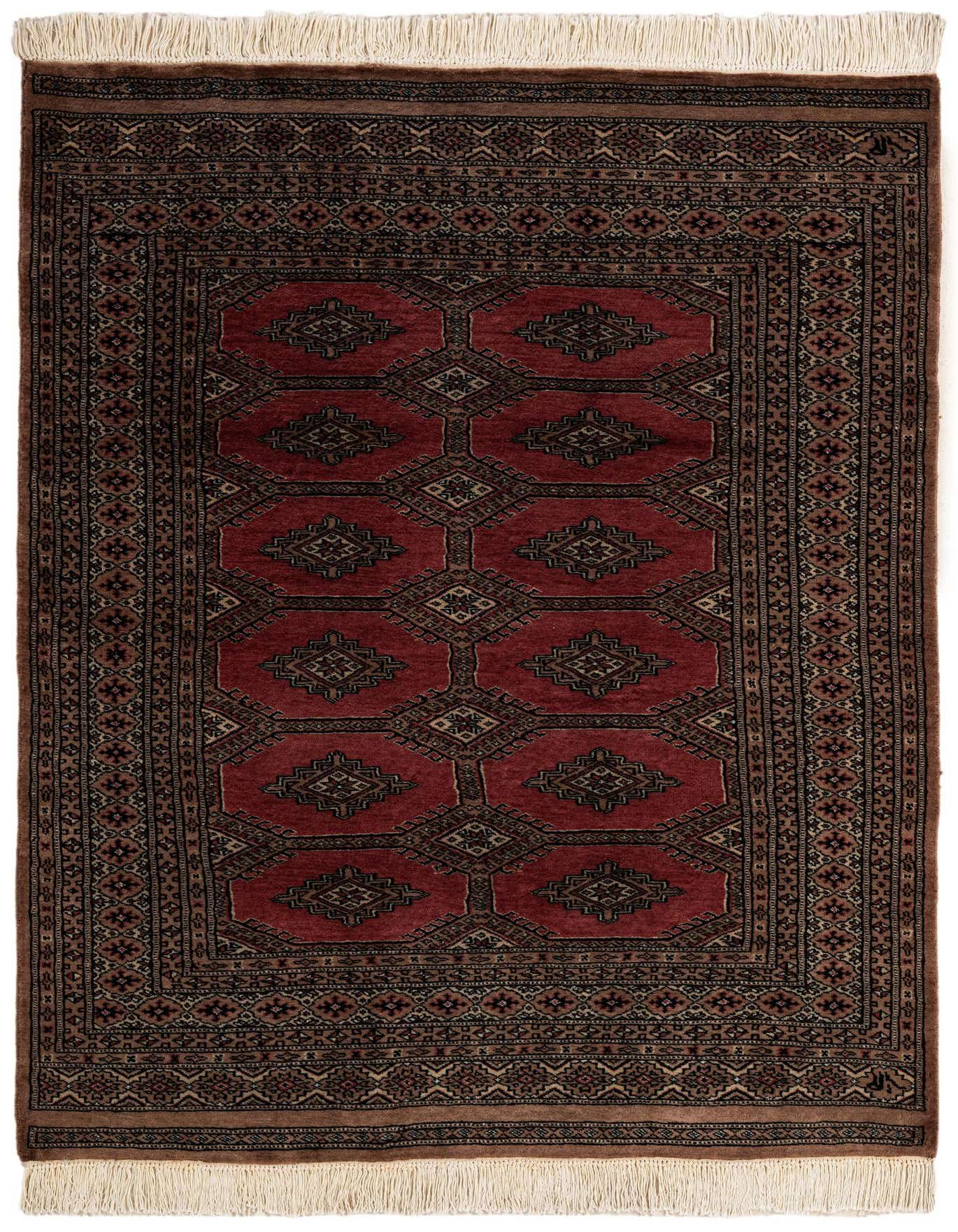 A 4x6 rectangular Bokhara rug in deep red and purple with intricate tribal patterns and fringed ends.