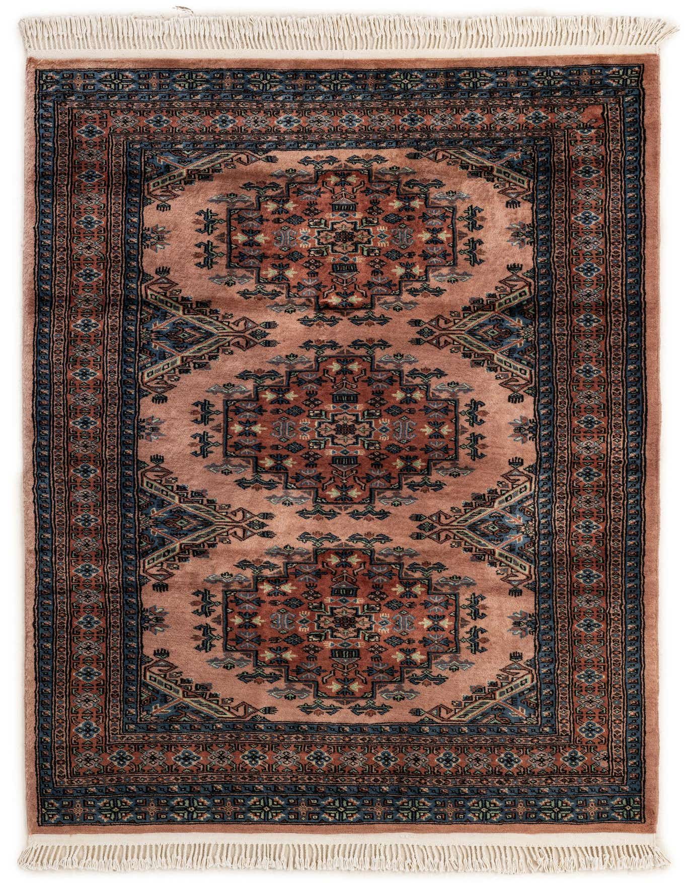 A 4x6 rectangular Bokhara rug with a central medallion in shades of purple and red, surrounded by intricate tribal patterns and a dark border, with white fringe.