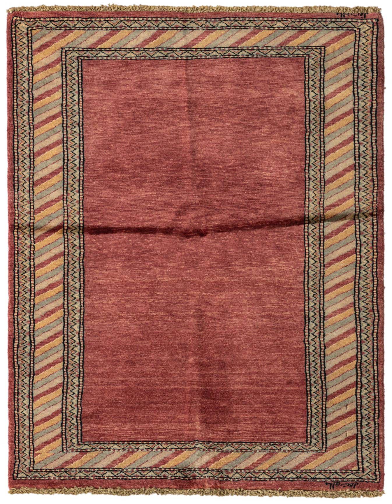 A 3x5 rectangular Kashkuli Gabbeh rug featuring a deep red field with a modern striped border in purple, red, and beige.