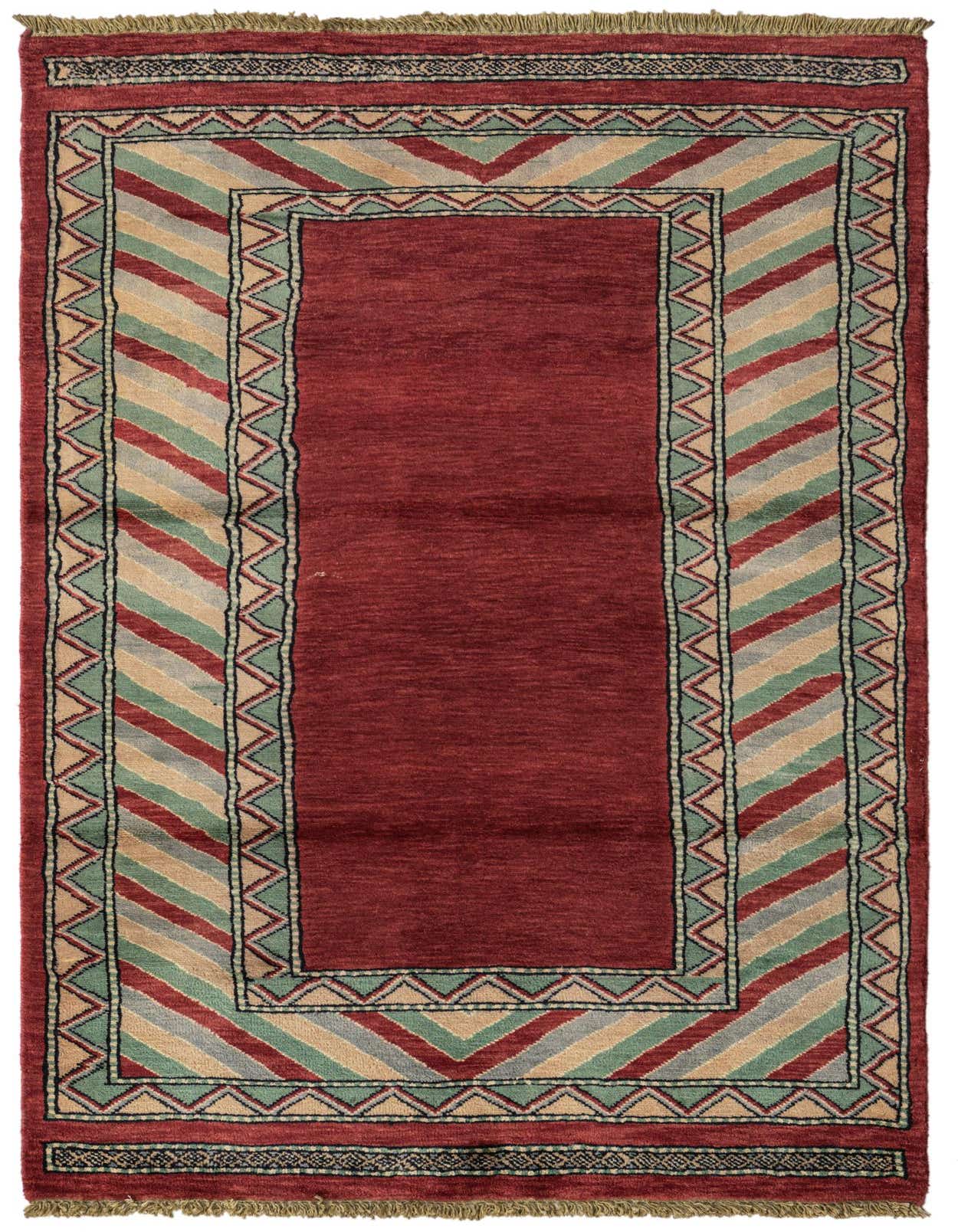 A 3x5 rectangular Kashkuli Gabbeh rug featuring a deep red field with a modern striped border in green, beige, and light gray, accented by a zigzag pattern.