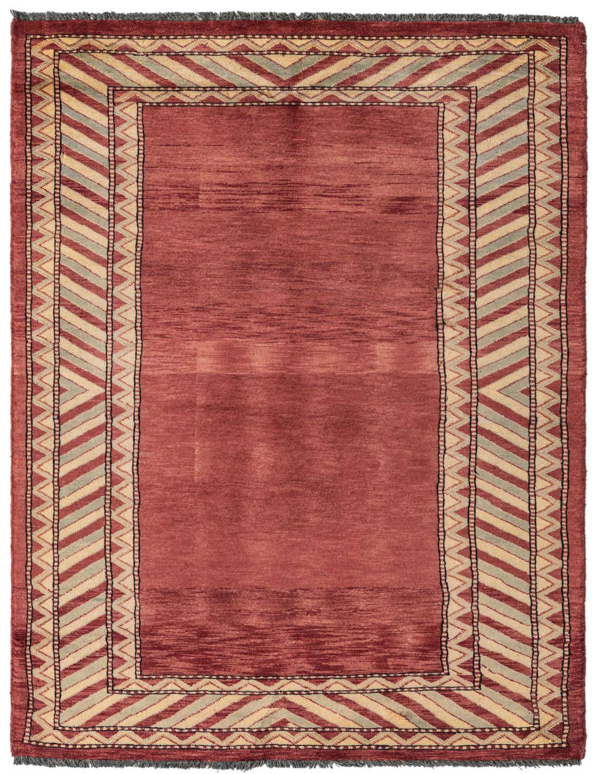 A 3x5 rectangular Kashkuli Gabbeh rug in deep red with a modern border of cream and grey chevron stripes.