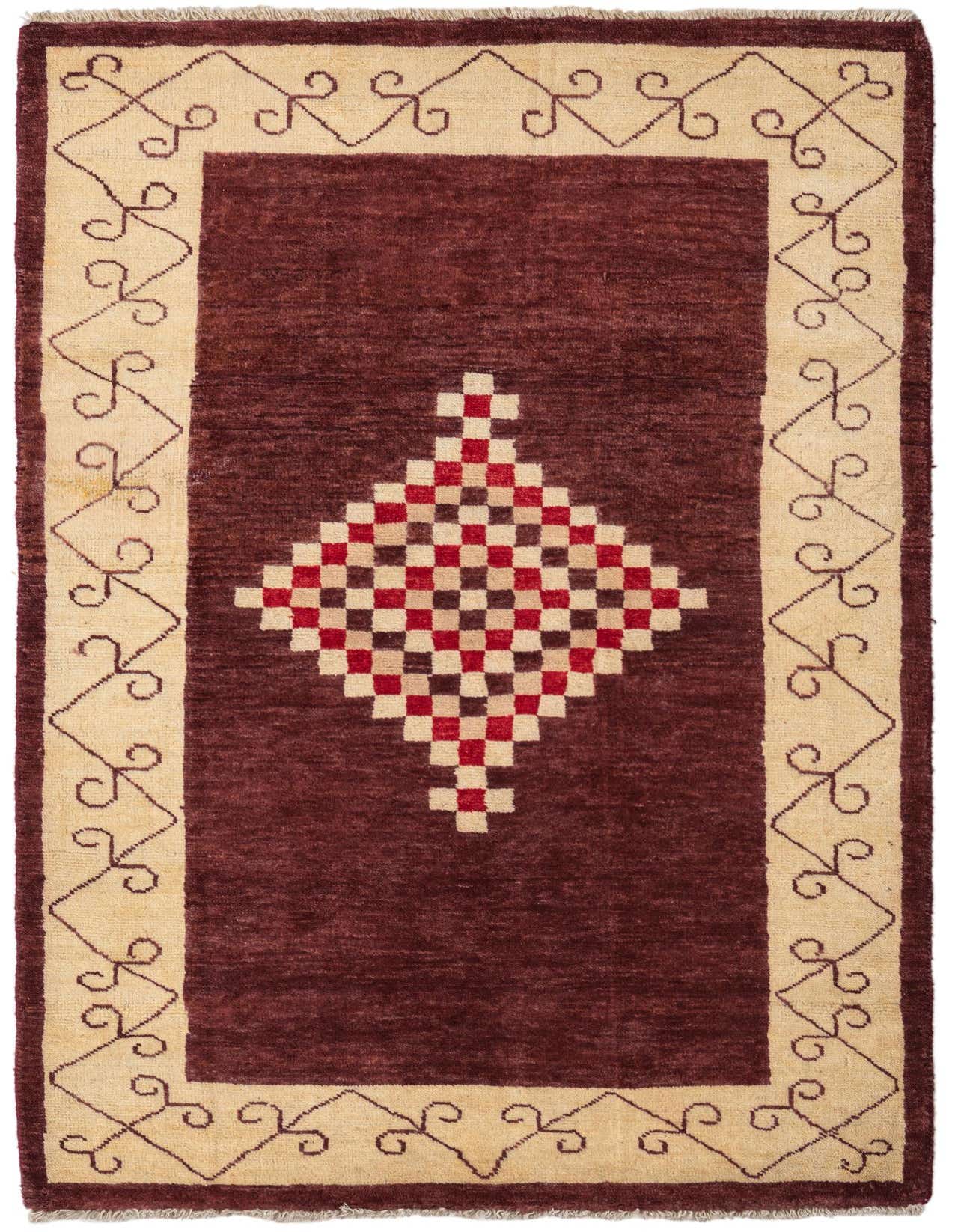 A 3x5 rectangular Kashkuli Gabbeh rug featuring a deep purple field with a red and cream checkered medallion, bordered by a cream frame with intricate scrollwork.