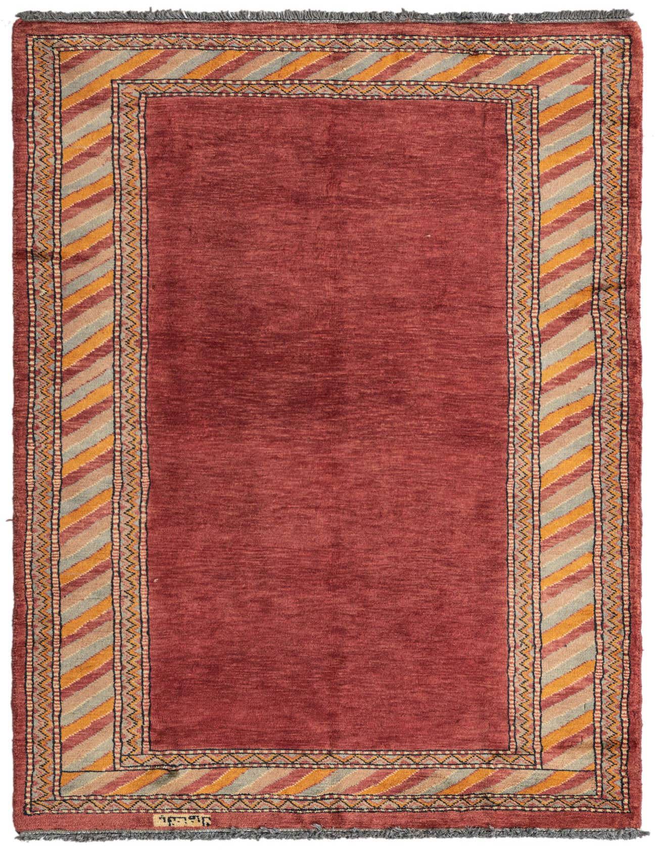 A 3x5 rectangular Kashkuli Gabbeh rug featuring a deep red field and a striped border in purple, orange, and grey.