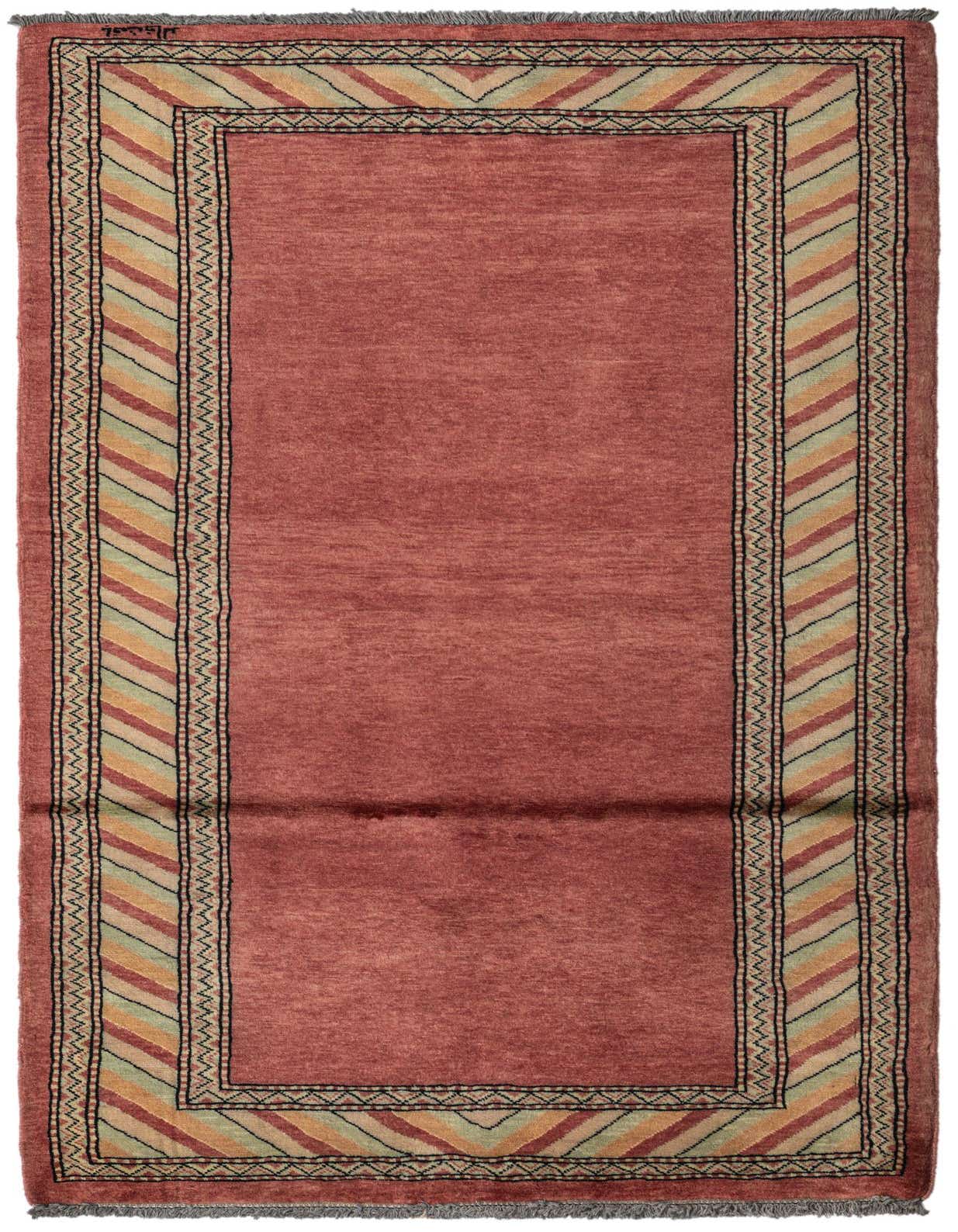 A 3x5 rectangular Kashkuli Gabbeh rug featuring a solid purple-red field with a striped border in shades of orange, green, and black.