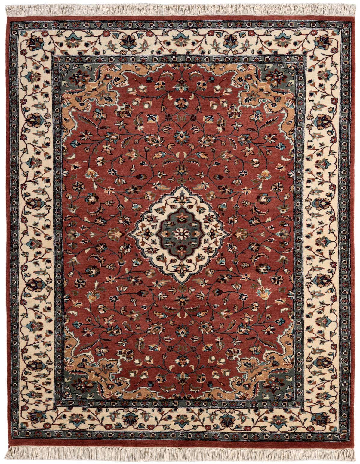 A 5x8 rectangular Lahour rug featuring a traditional Oriental pattern with a deep red field, cream border, and intricate floral motifs in purples and blues.