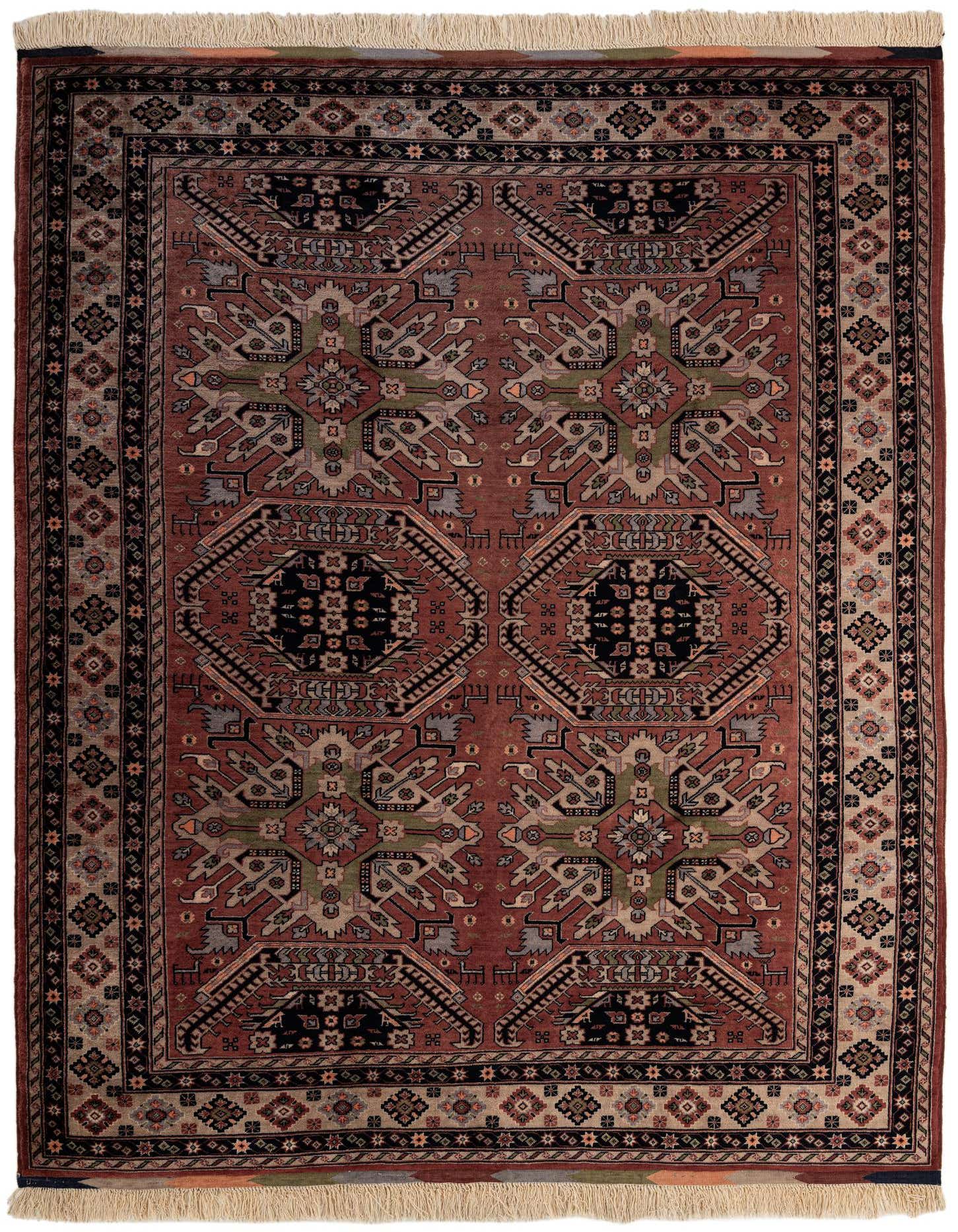 A 7x10 rectangular Lahour rug featuring traditional Oriental patterns in rich purples and reds, with intricate black and beige accents.