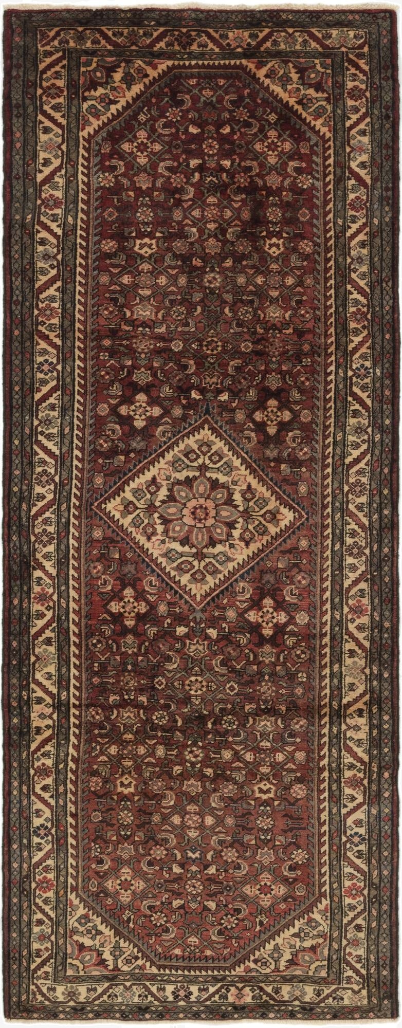  4' x 10' 8  Hand Knotted Hossainabad Persian Wool Runner Rug