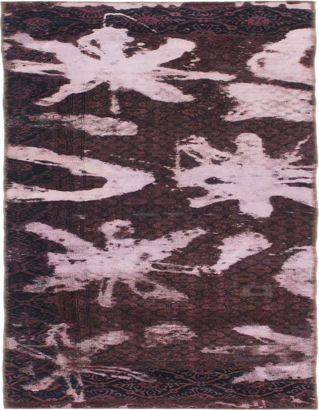 A 10 ft runner rug in shades of purple and red, featuring a distressed abstract pattern over a traditional Persian design, ideal for a hallway.