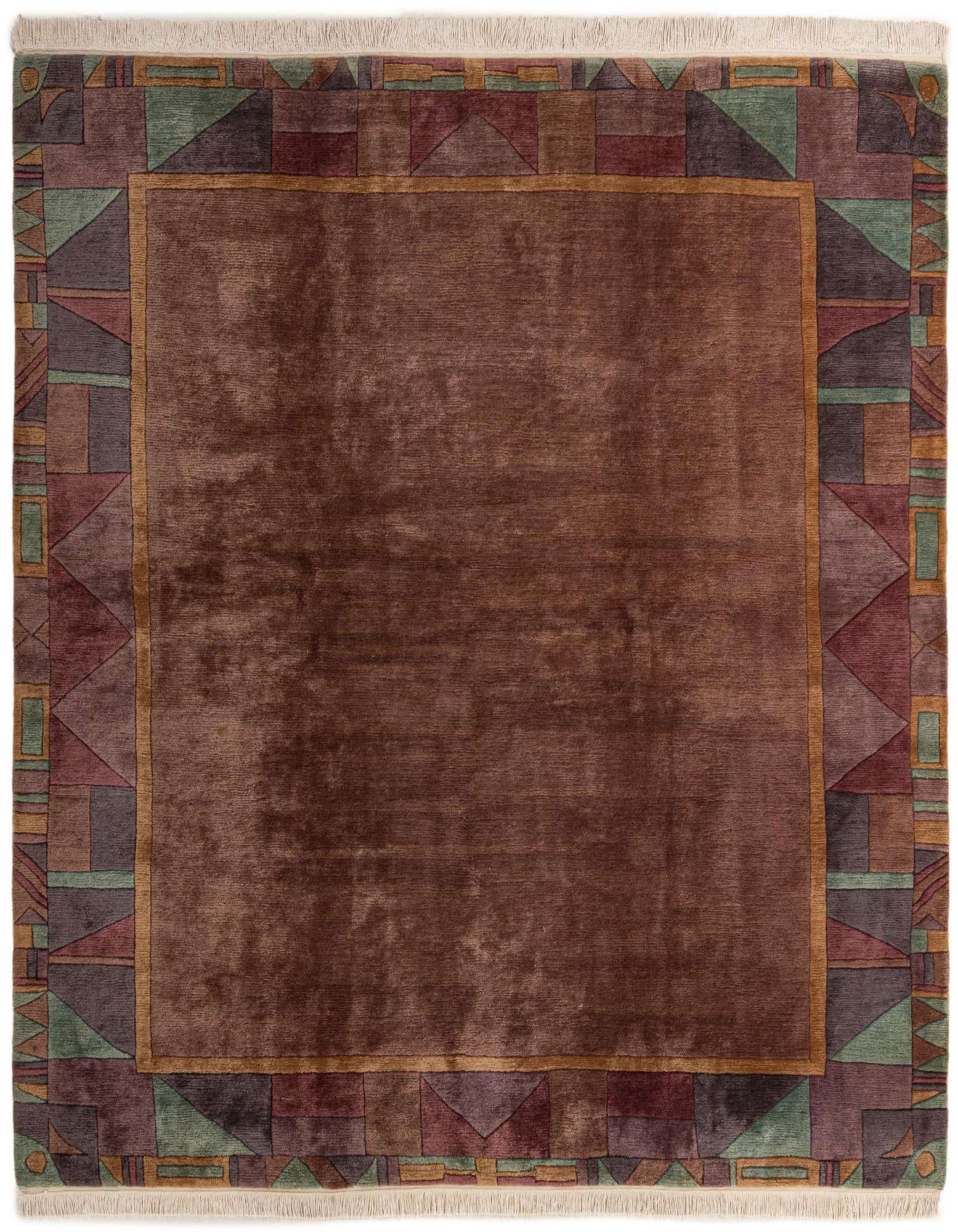 A square 8' 4 x 8' 5 Tibet Collection wool rug featuring a solid brown center with a modern geometric border in purples, reds, and greens.