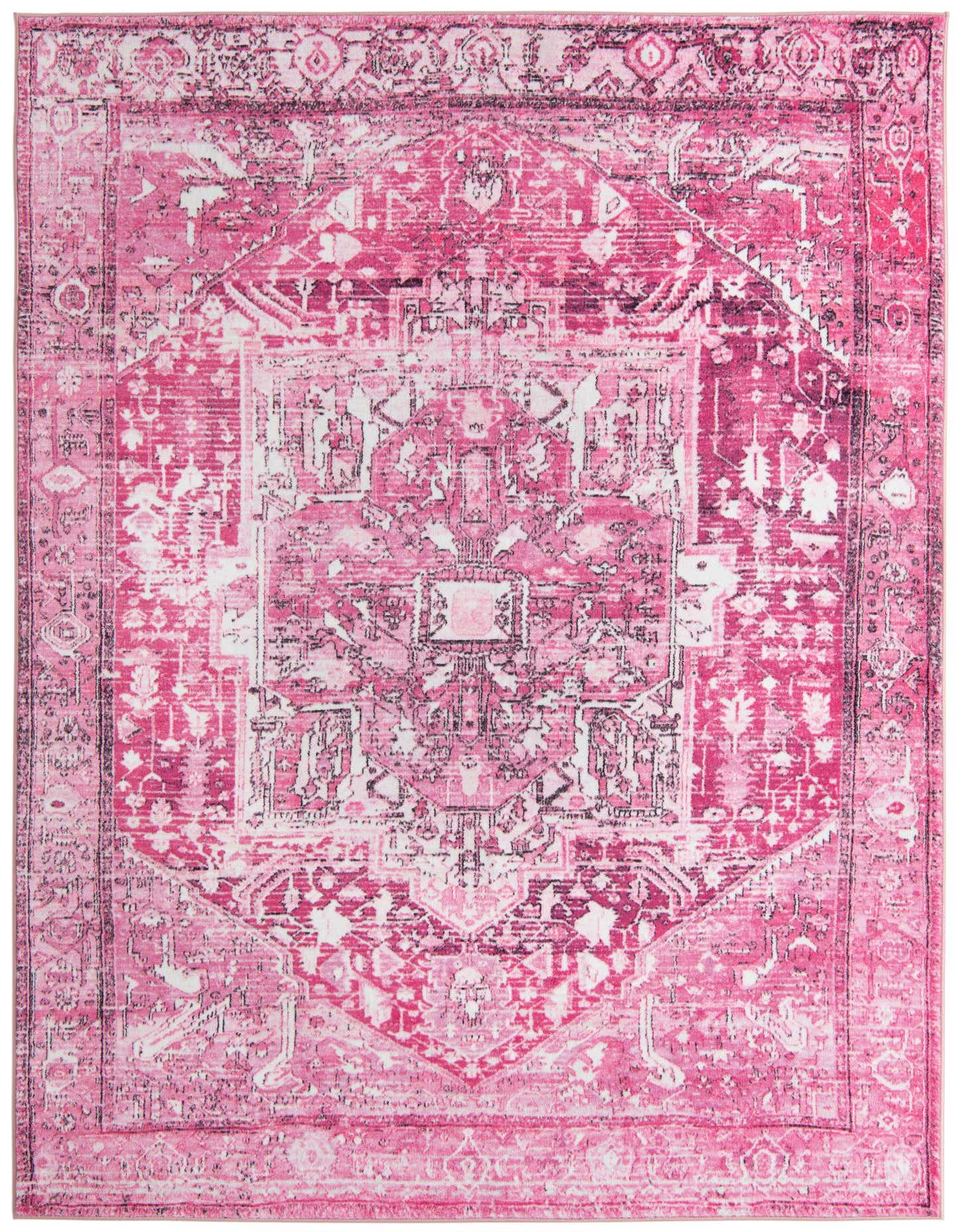 A 6x9 rectangular Medina rug in shades of pink and purple, featuring a distressed traditional medallion pattern.