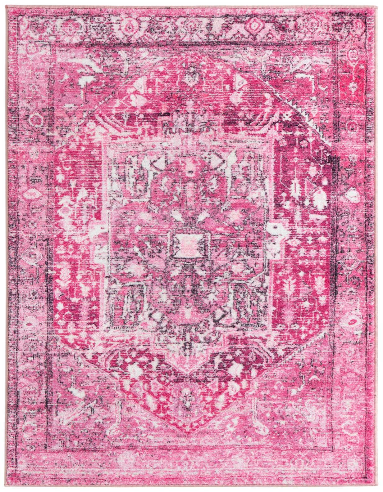 A 3x5 rectangular Medina rug from Rugs.com, featuring a distressed traditional medallion pattern in vibrant pinks and purples.