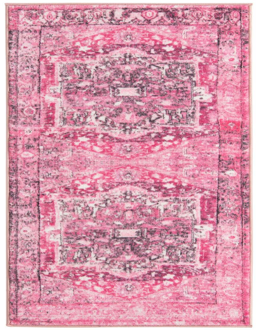 A 5 ft runner rug in shades of pink and purple with a distressed traditional medallion and tribal pattern, ideal for a hallway.