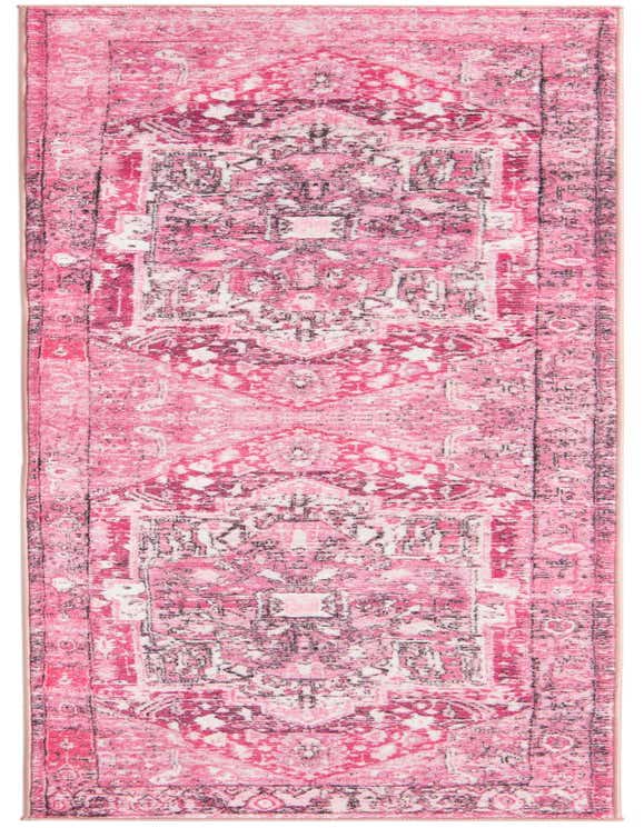 A vibrant 8 ft Medina runner rug in shades of pink and purple, featuring a distressed traditional medallion and tribal pattern.