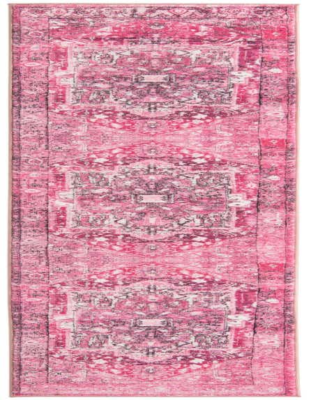 A 10 ft runner rug in shades of pink and purple with a distressed traditional medallion and tribal pattern, ideal for a hallway.