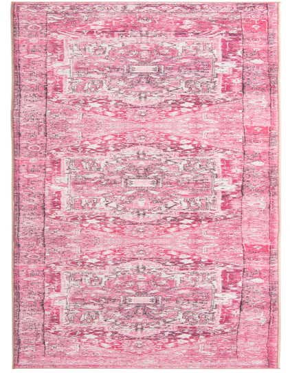 A 13 ft runner rug in shades of pink and purple with a distressed traditional medallion and tribal pattern.