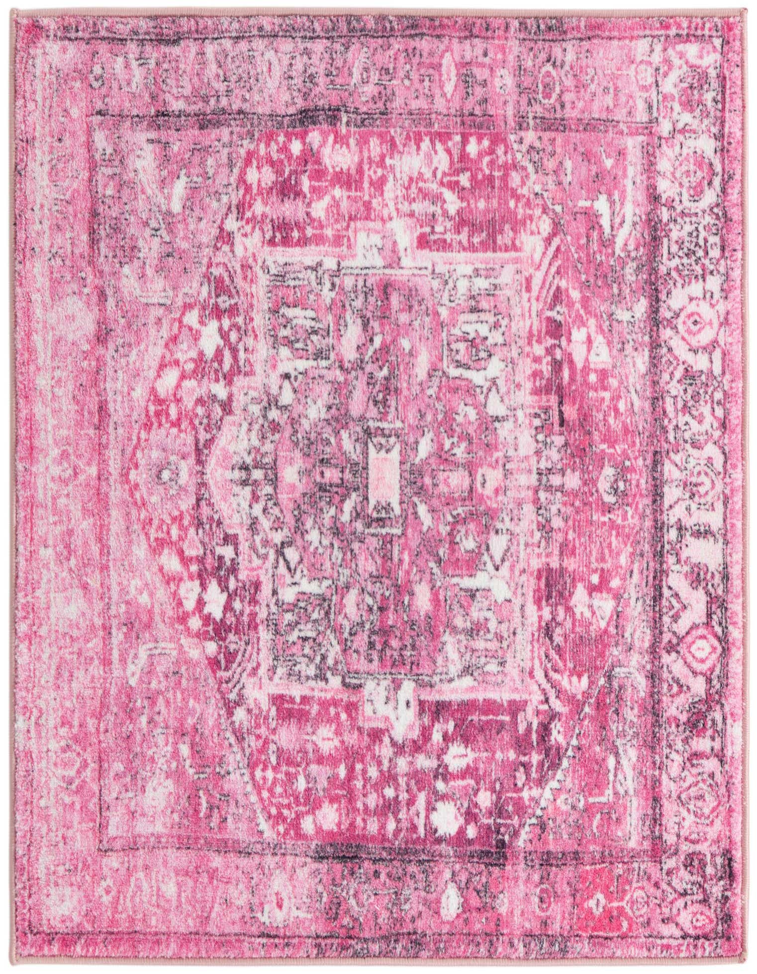 A 3' 3 x 3' 3 square Medina rug in shades of pink and purple with a distressed traditional medallion pattern.