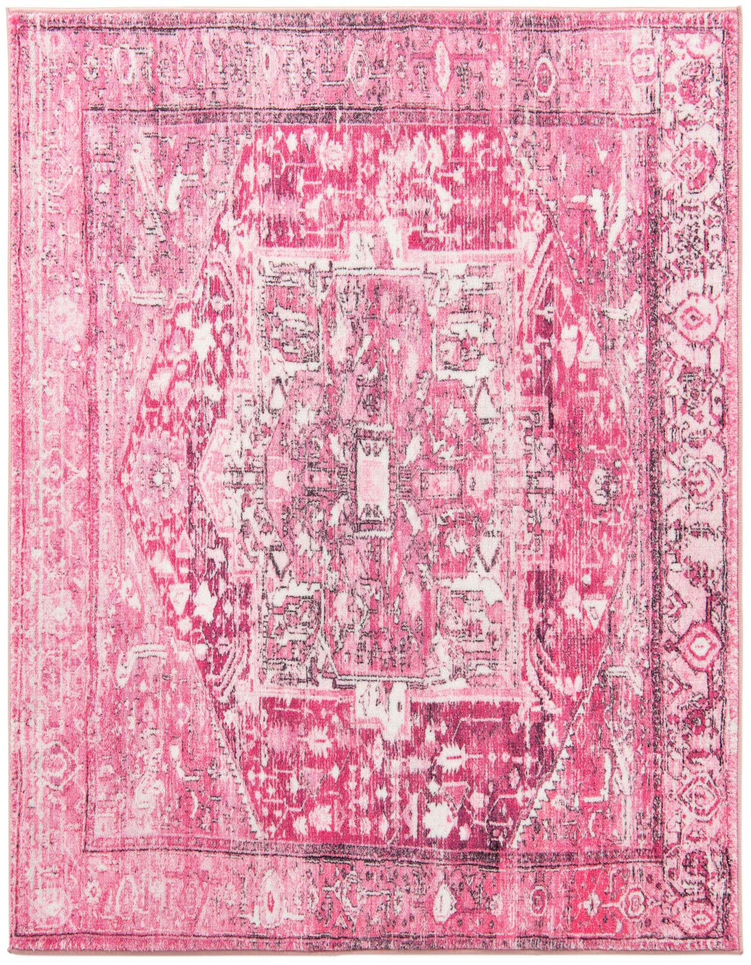 A 5'3" square Medina rug by Rugs.com, featuring a distressed pink and purple traditional tribal pattern with a central medallion, ideal for indoor spaces.
