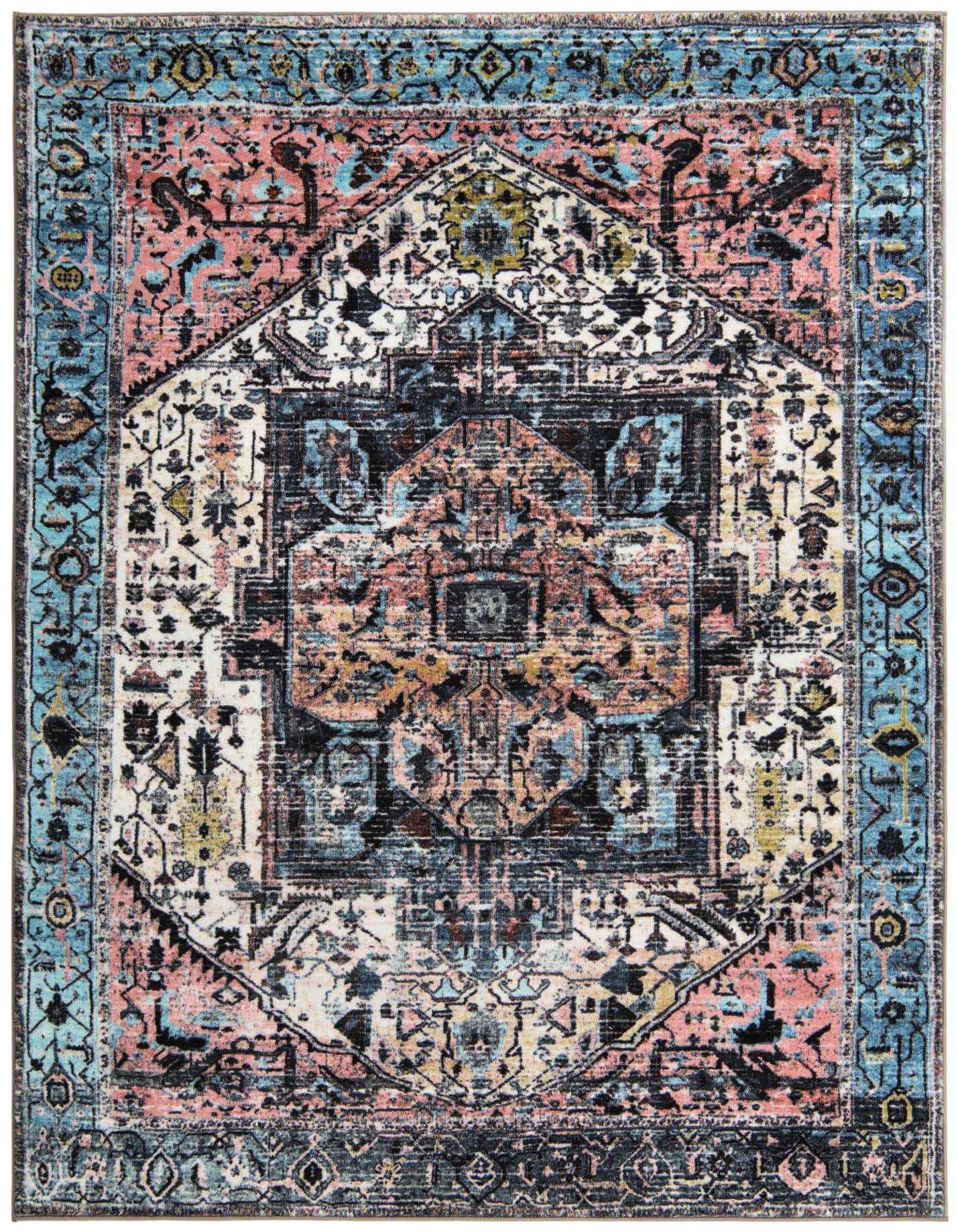 A 6x9 rectangular Medina rug featuring a distressed blue, pink, and cream traditional medallion pattern with tribal accents.