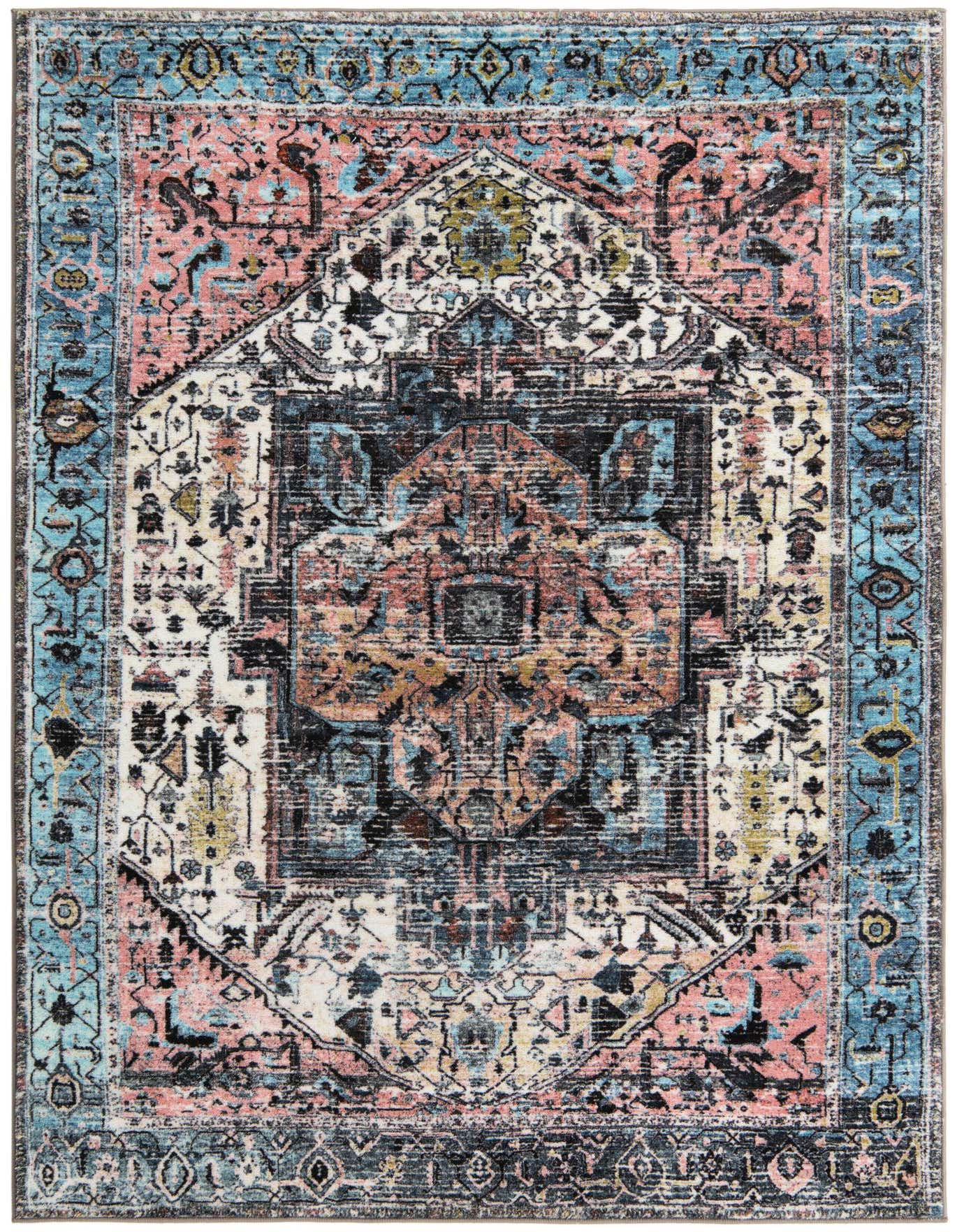 A rectangular 5x8 Medina rug featuring a distressed traditional medallion pattern in shades of blue, pink, and cream, suitable for a living room.