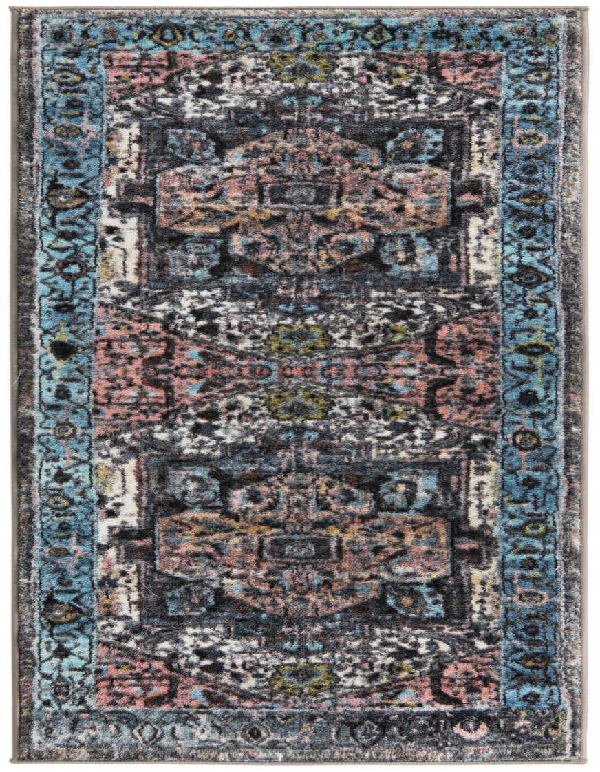 A 5 ft runner rug from the Medina collection, featuring a distressed traditional tribal pattern in various shades of blue, pink, and gray.