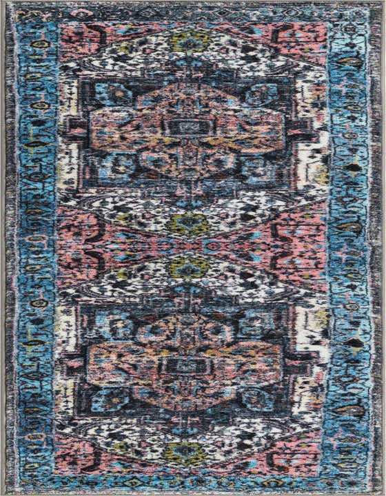 An 8 ft runner rug with a distressed traditional medallion pattern in shades of blue, pink, black, and white, perfect for a hallway or kitchen.