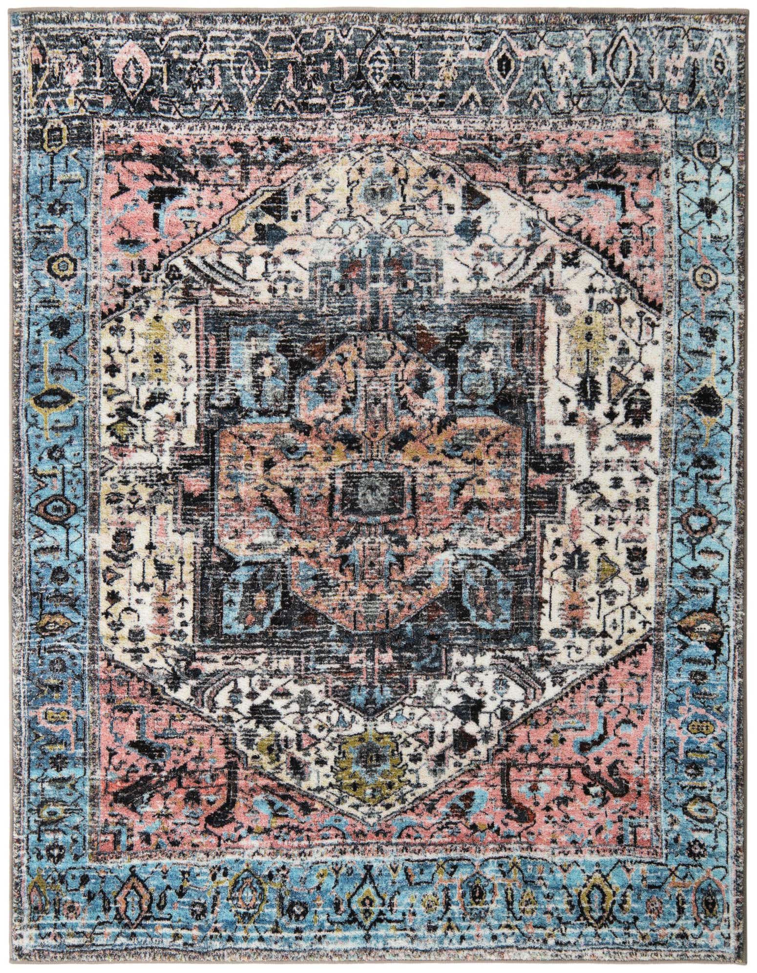 A 5' 3 x 5' 3 square Medina rug featuring a distressed traditional medallion pattern in blues, pinks, and black.