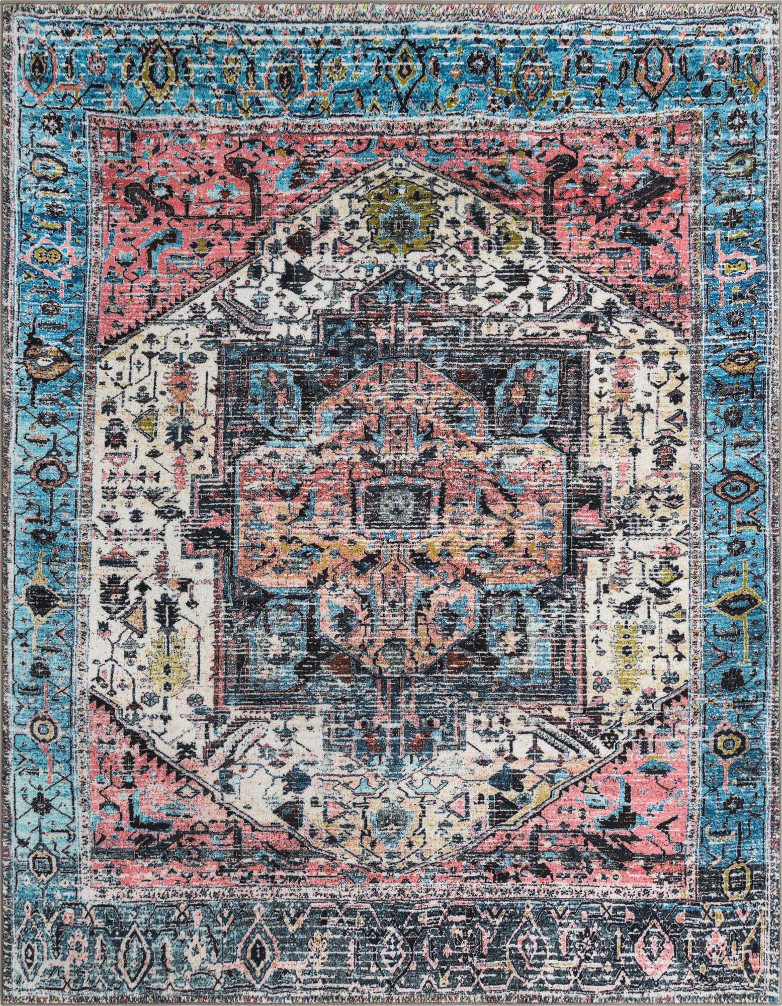 A square Medina collection rug featuring a distressed traditional medallion pattern in vibrant blues, pinks, and creams.
