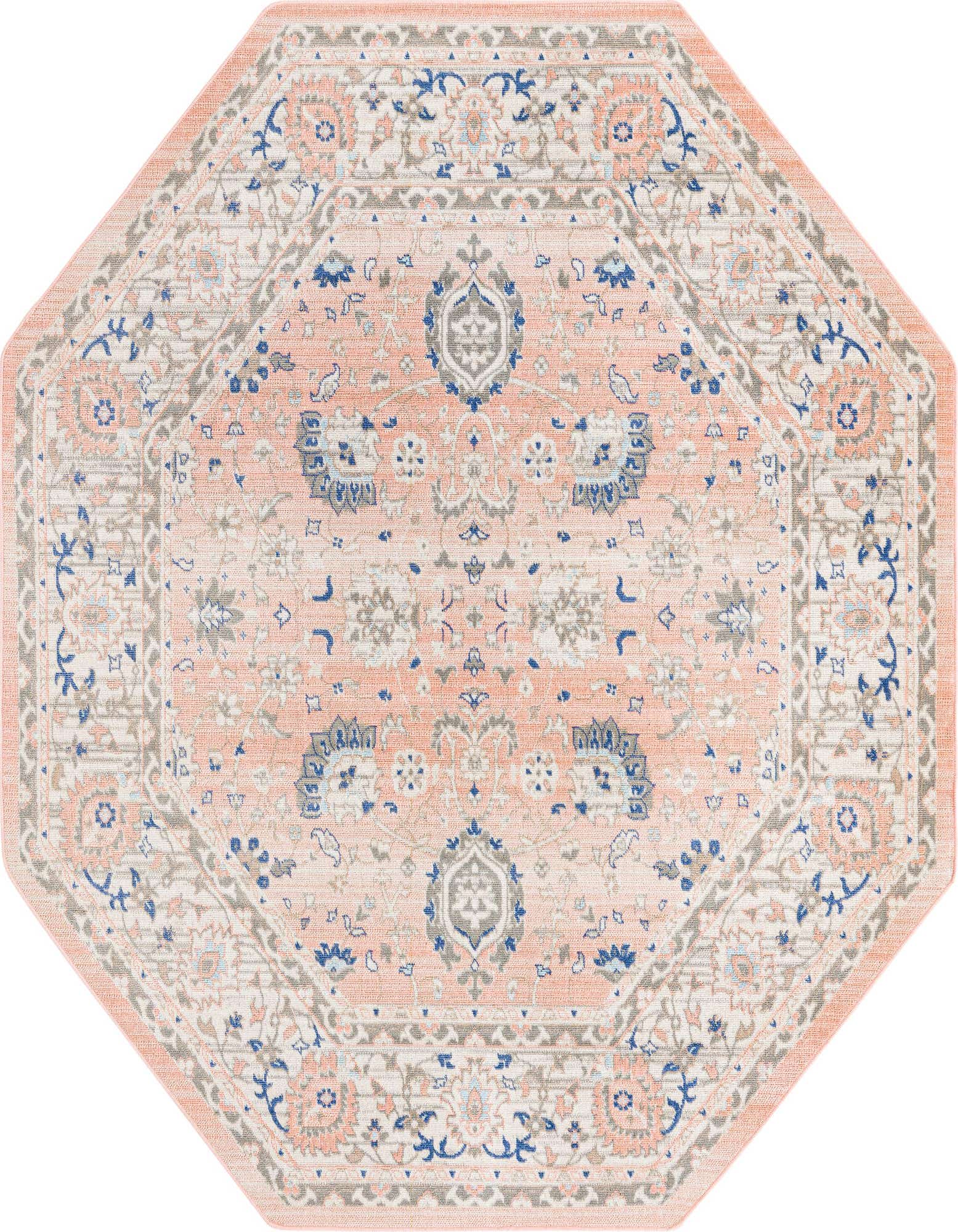 7' 0 x 7' 0 octagon pink rug with a traditional botanical and floral pattern in shades of blue, grey, and white.