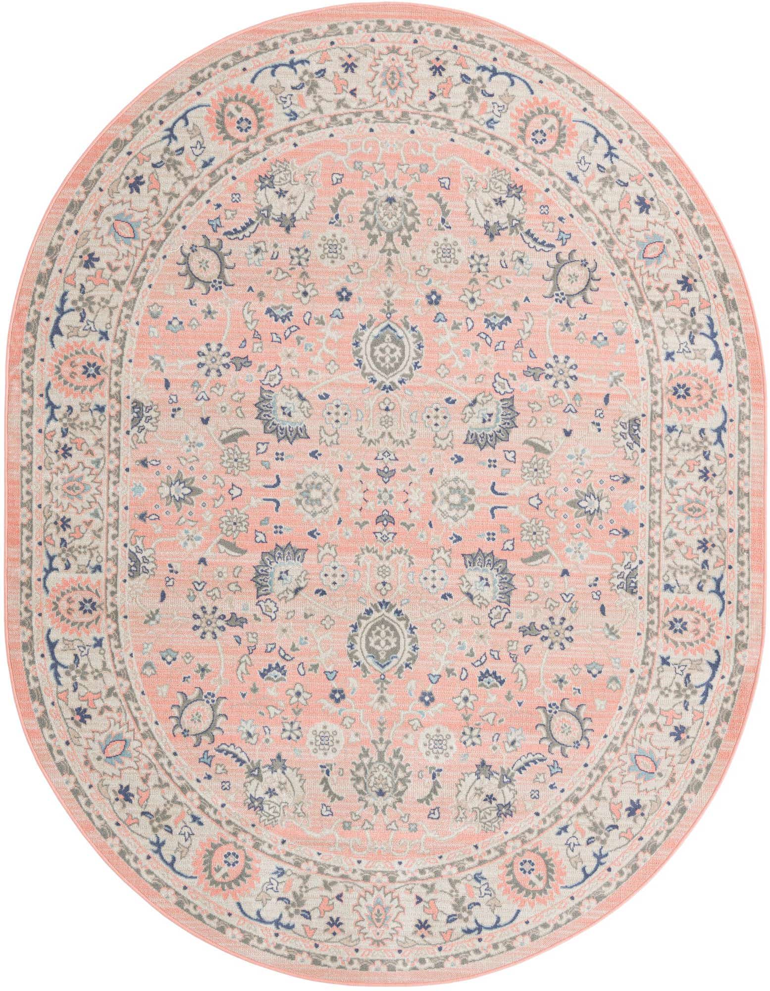 An 8' x 10' oval pink flatweave rug with a traditional botanical floral pattern in muted blues, grays, and creams.