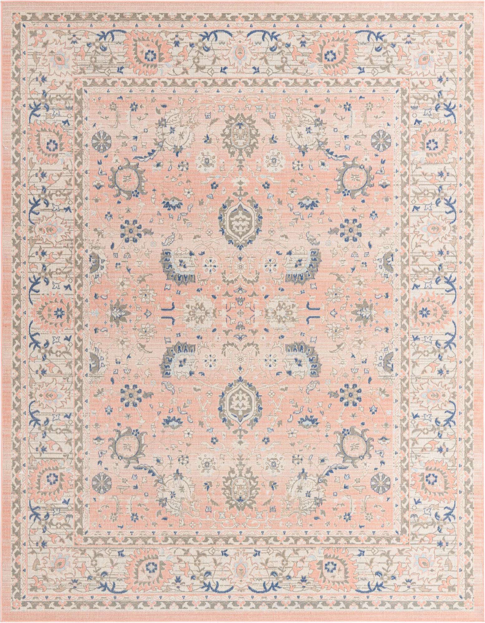 An 8x10 rectangular Whitney Collection rug featuring a traditional botanical and floral pattern in shades of pink, blue, and grey.