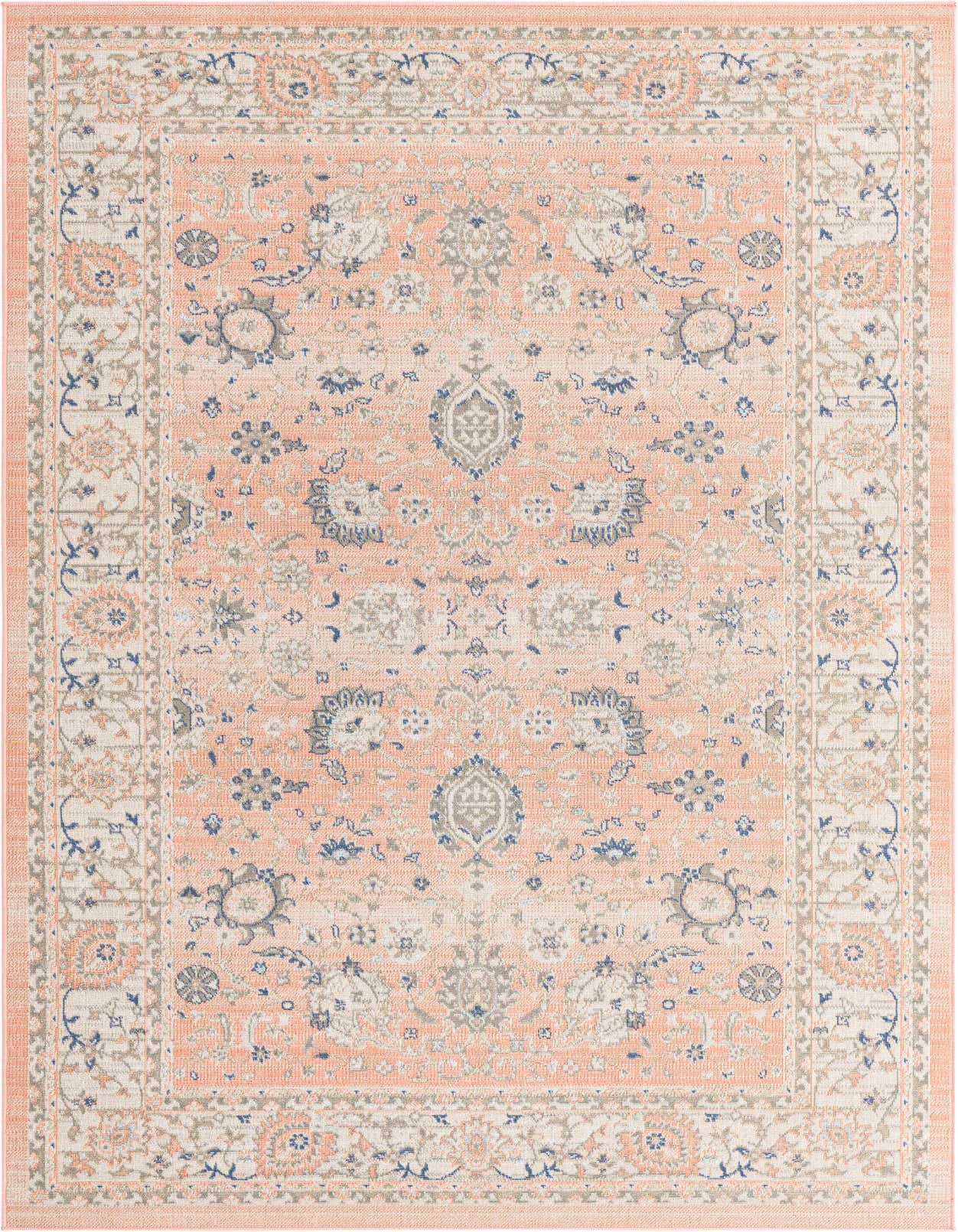 A 5x8 rectangular pink rug featuring a traditional botanical pattern with cream, grey, and blue accents, ideal for a living room.