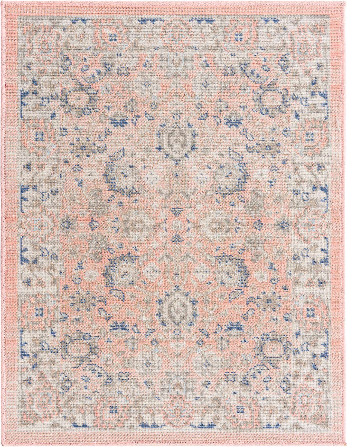 A 2x3 rectangular Whitney collection rug featuring a distressed pink, blue, and beige traditional floral pattern with a flatweave texture.