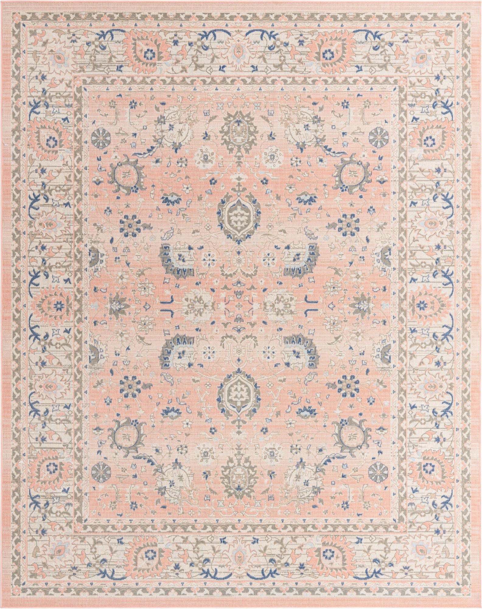 An 8x10 rectangular Whitney Collection rug featuring a traditional botanical and floral pattern in shades of pink, blue, and grey.