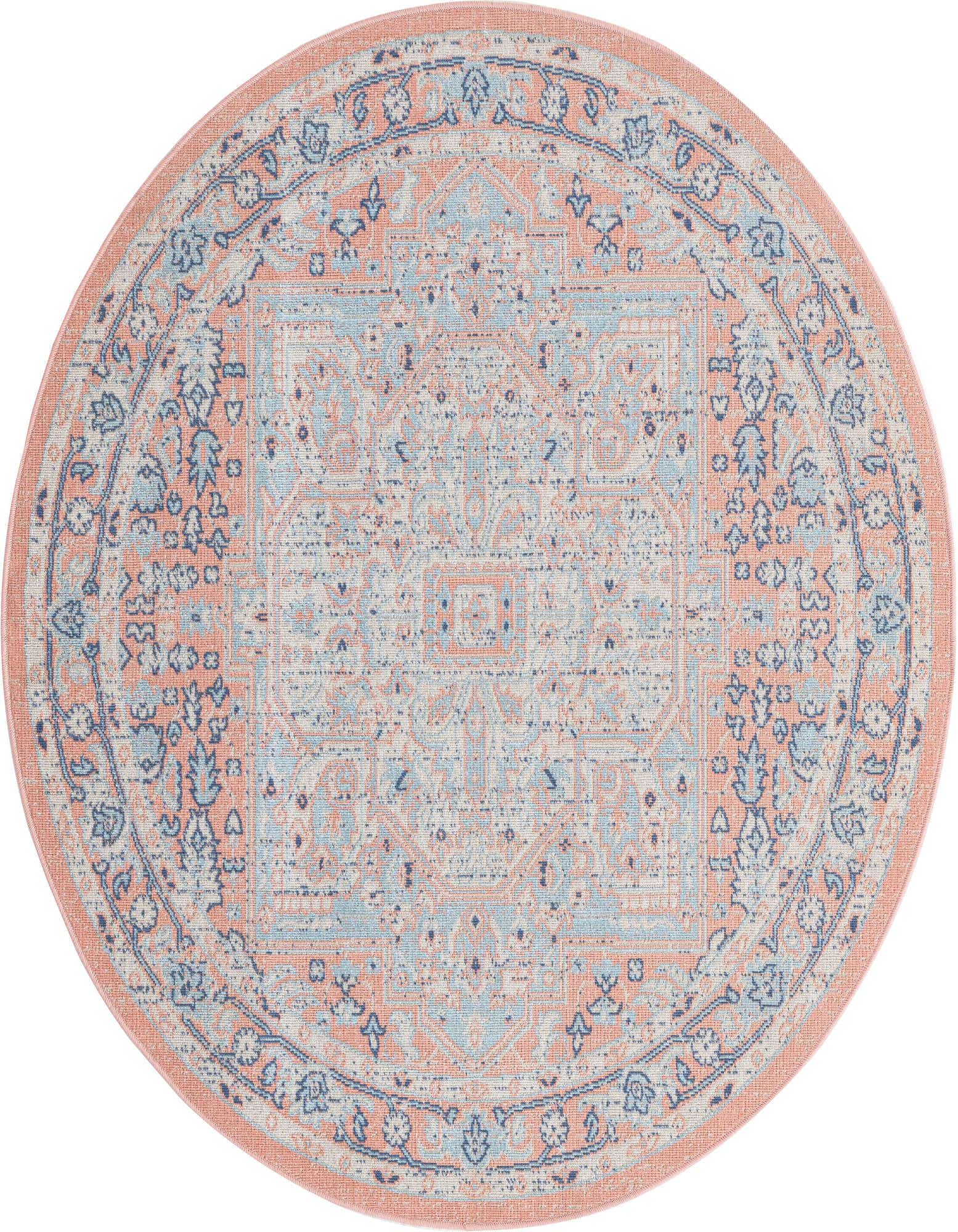 A 5' 3 round pink and light blue medallion flatweave rug with a vintage farmhouse pattern.