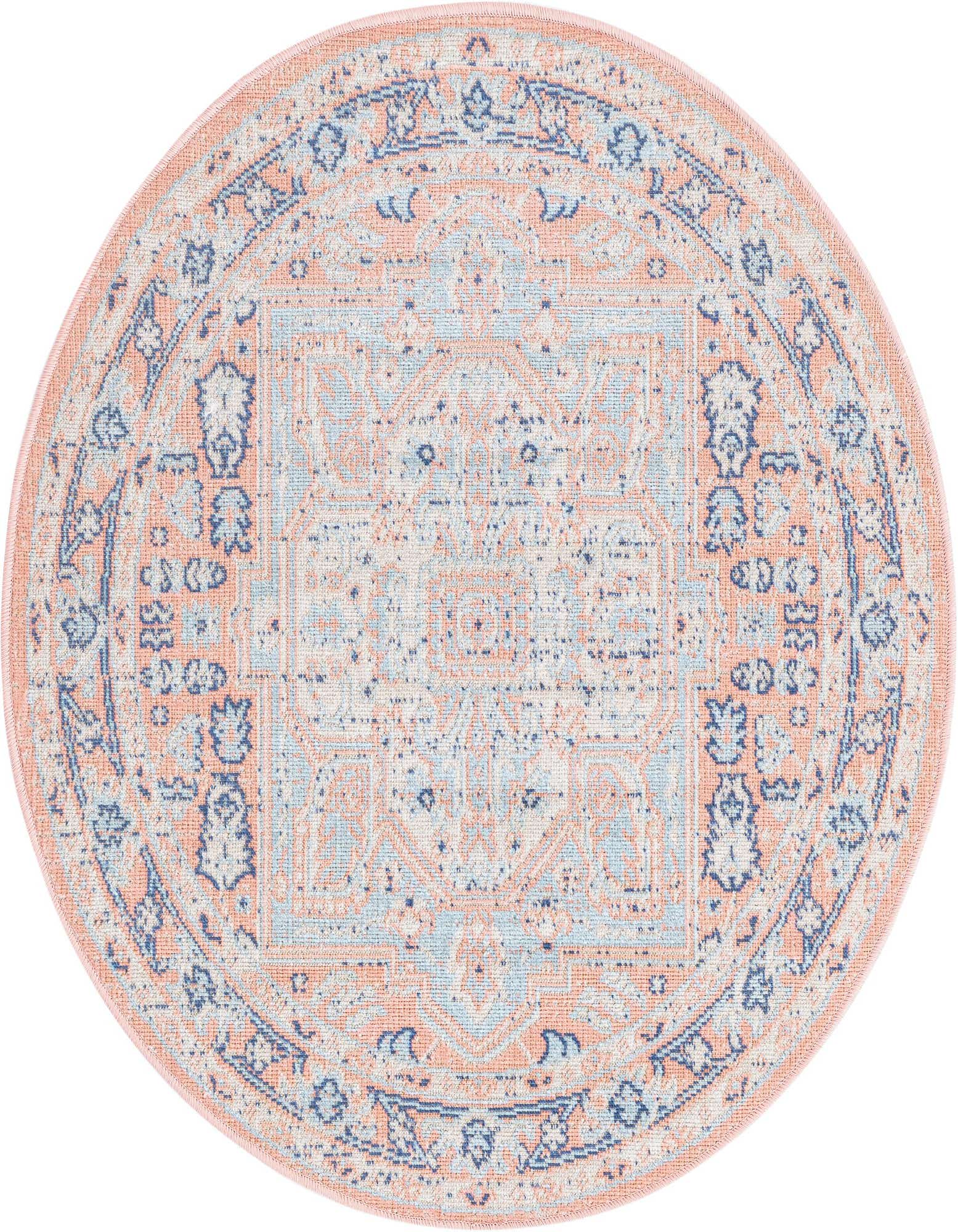 A round pink and light blue medallion flatweave rug with a vintage farmhouse pattern, ideal for an indoor space.