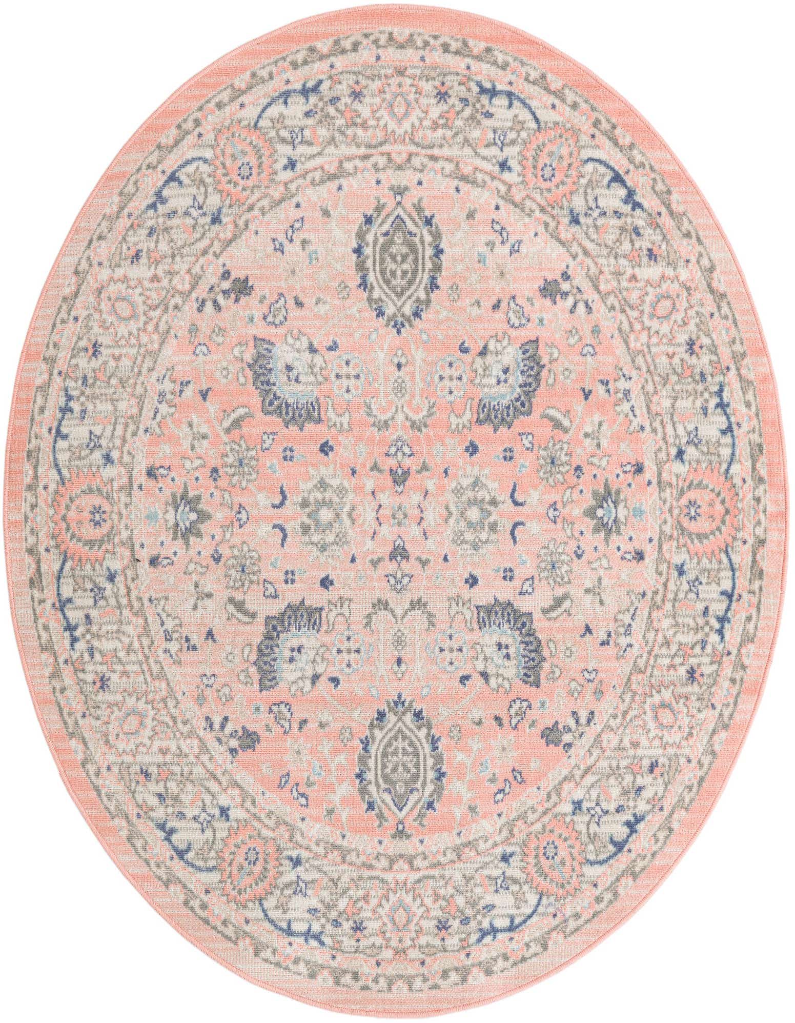 A 5' round pink rug with a traditional botanical pattern in shades of blue, grey, and cream.