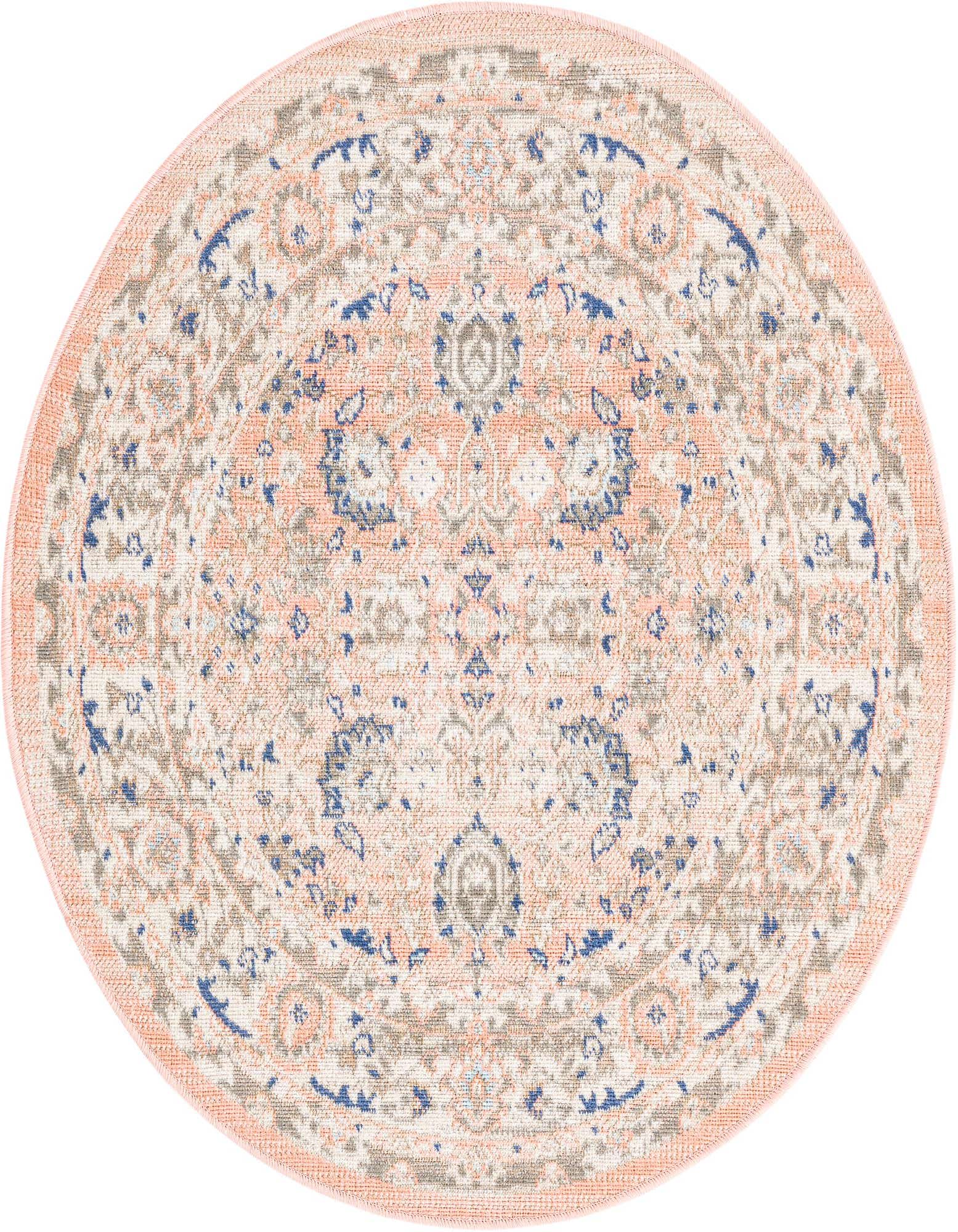 Round pink rug with a traditional botanical pattern in shades of blue, cream, and gray, featuring a flatweave texture.