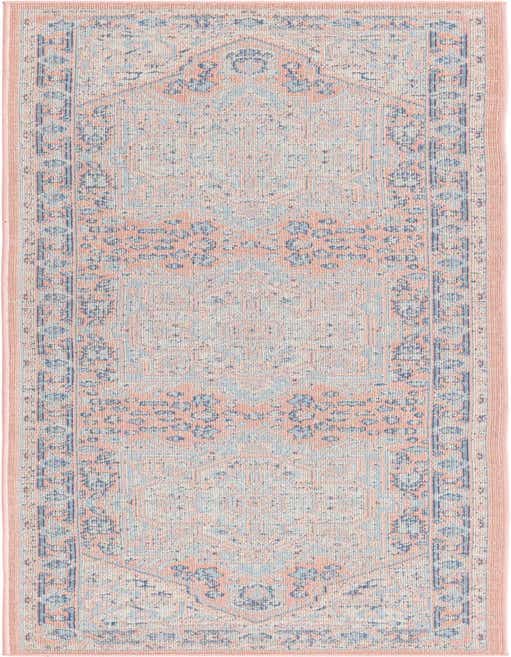 A long 8 ft runner rug in a vintage farmhouse style, featuring a medallion pattern in pinks and light blue tones, ideal for a hallway or kitchen.
