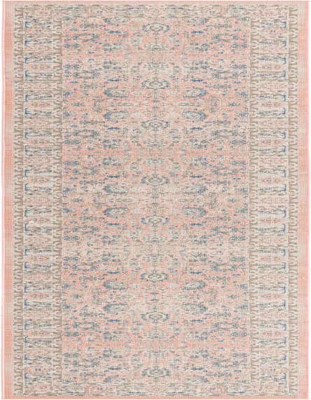 A 12 ft Whitney runner rug in shades of pink, blue, and beige with a distressed traditional botanical pattern, ideal for a hallway.