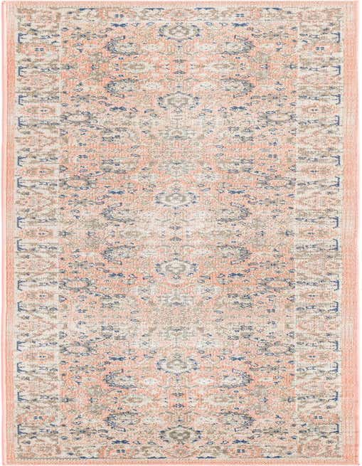 A long 8 ft runner rug featuring a faded traditional botanical pattern in shades of pink, blue, and beige.