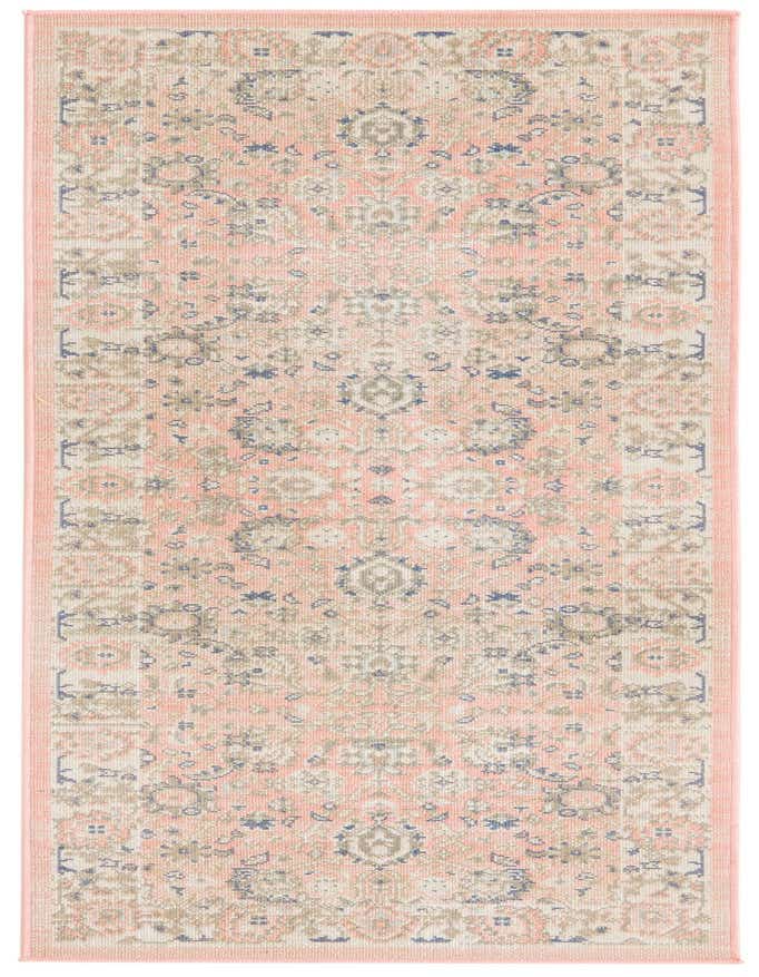 A 6 ft runner rug from the Rugs.com Whitney Collection, featuring a faded traditional botanical pattern in various shades of pink with hints of beige and blue.