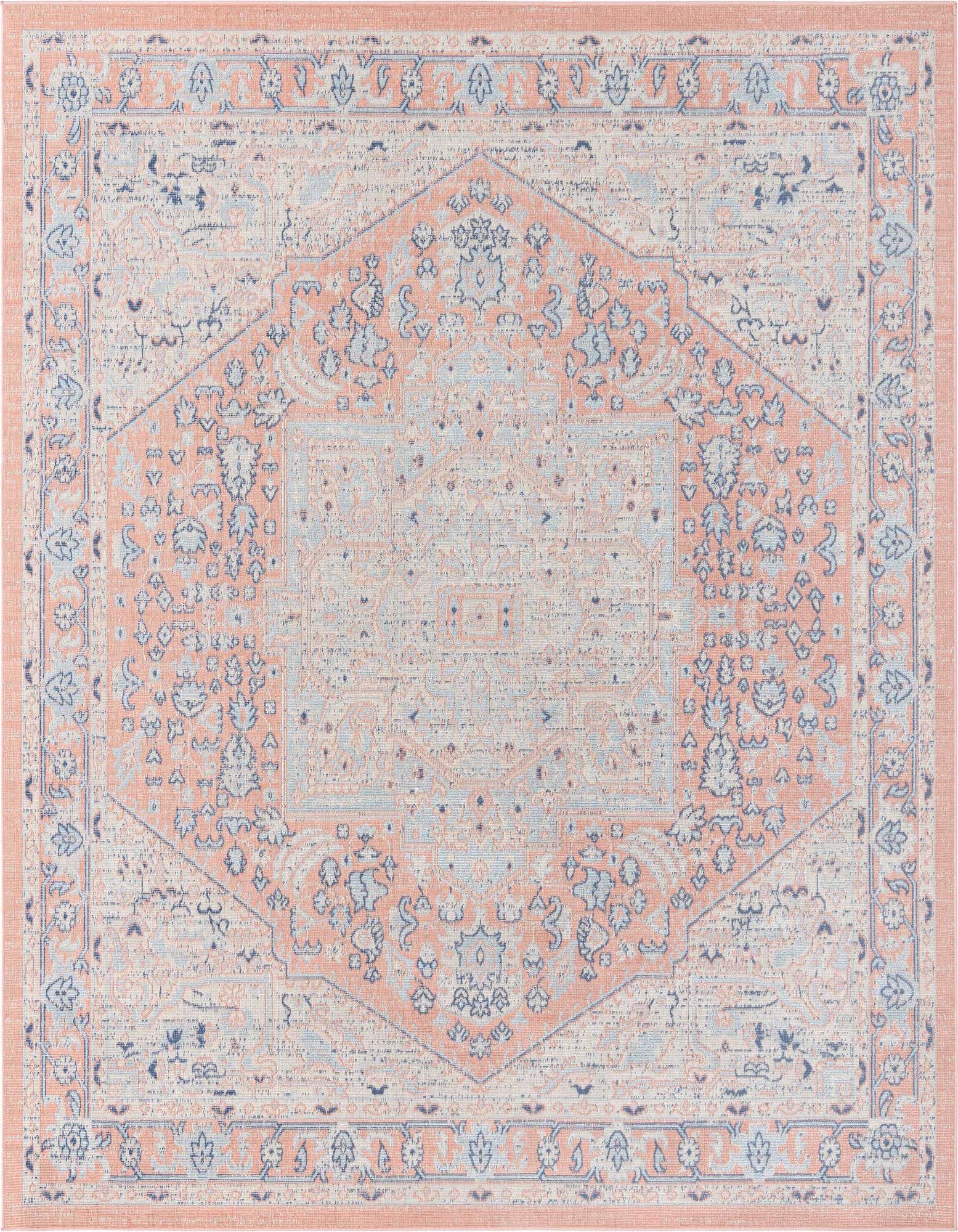 A square 8' x 8' Rugs.com Whitney rug featuring a distressed pink and light blue vintage medallion pattern with a flatweave texture.