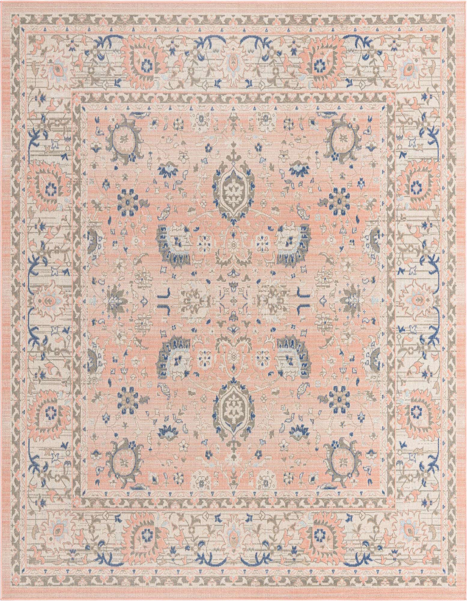 A 7' 10 x 7' 10 square pink traditional area rug with botanical and floral patterns in blue, grey, and cream.
