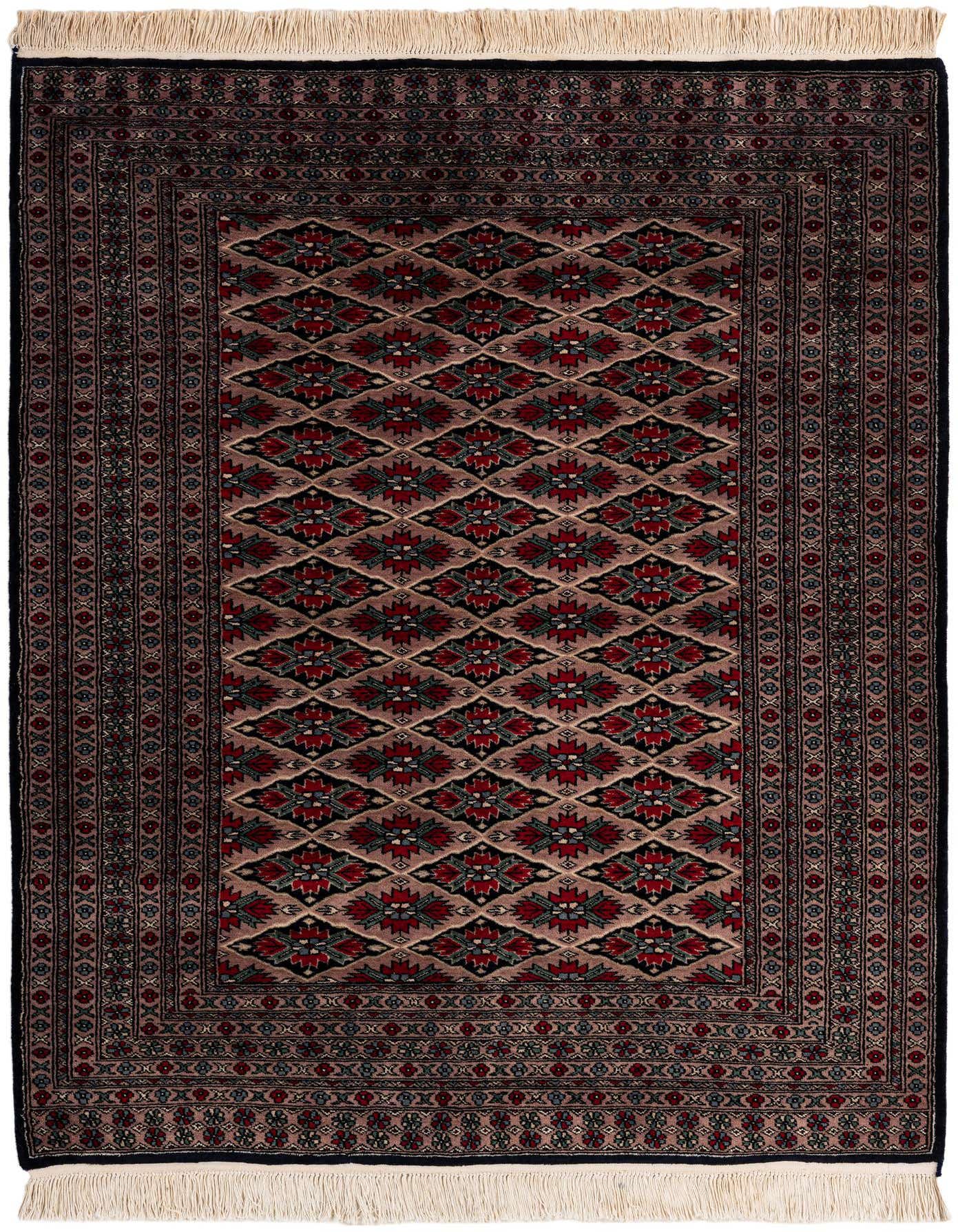 A 4x6 rectangular Bokhara rug featuring a traditional tribal pattern in shades of purple, red, and black, with cream fringe.