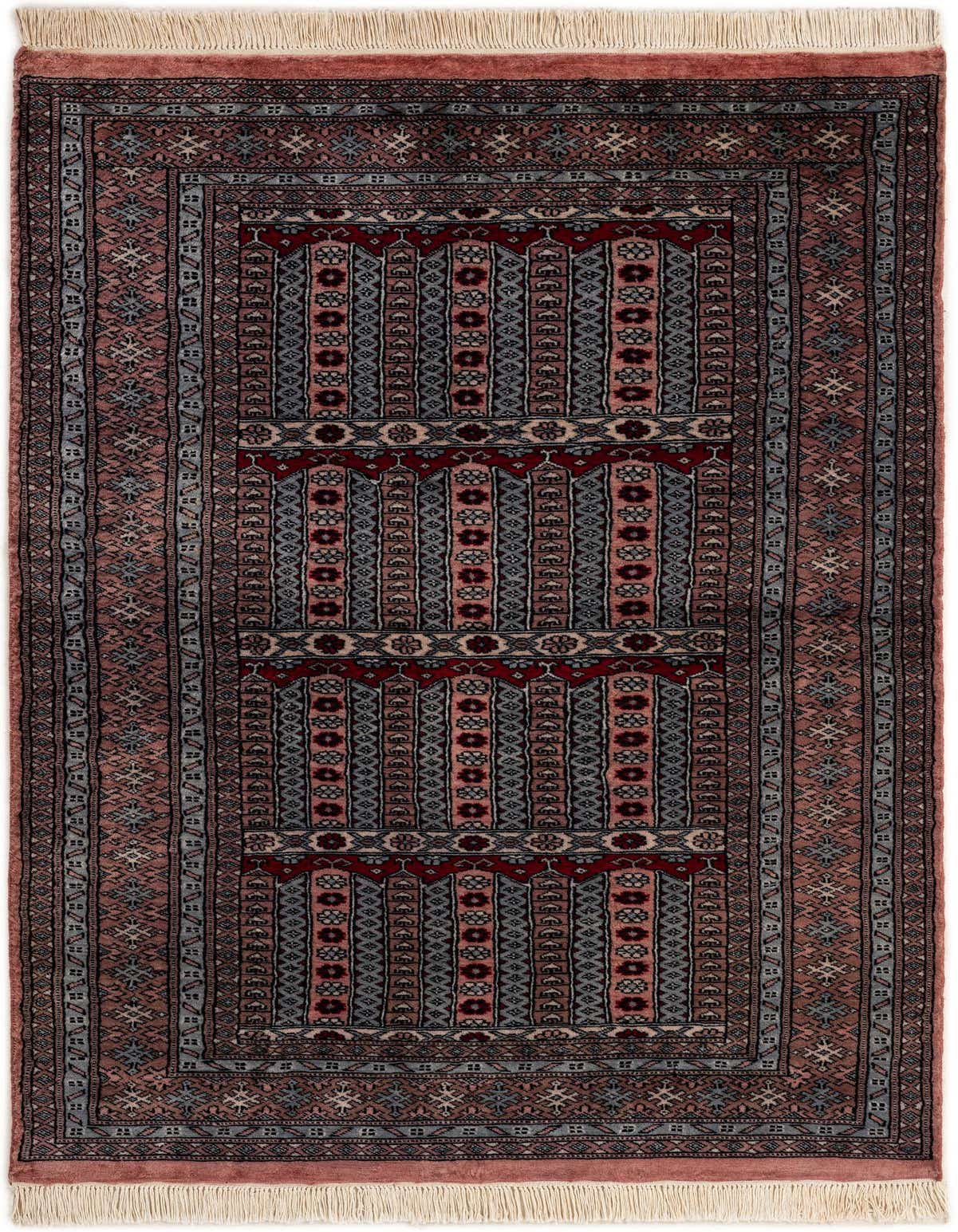 A 4x6 rectangular Bokhara rug with a traditional tribal pattern in shades of purple, red, and blue, featuring a central medallion design and fringed ends.