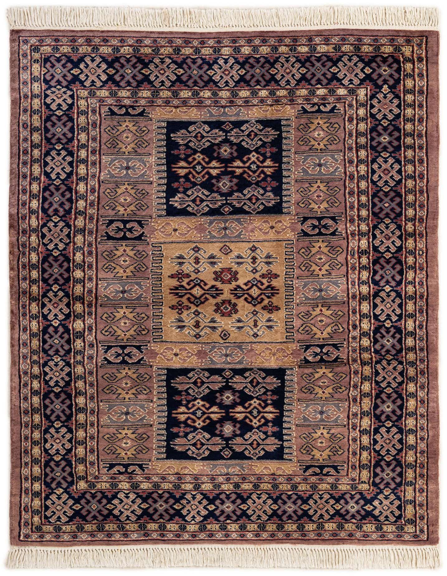 A 4x6 rectangular Bokhara rug featuring a traditional Oriental tribal pattern in shades of purple, brown, and gold with fringe.