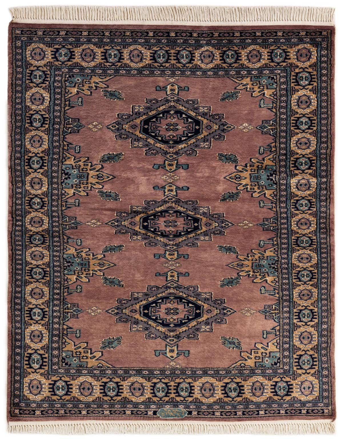 A 5x7 rectangular Bokhara rug featuring a traditional tribal medallion pattern in shades of purple, blue, and gold, with fringed ends.